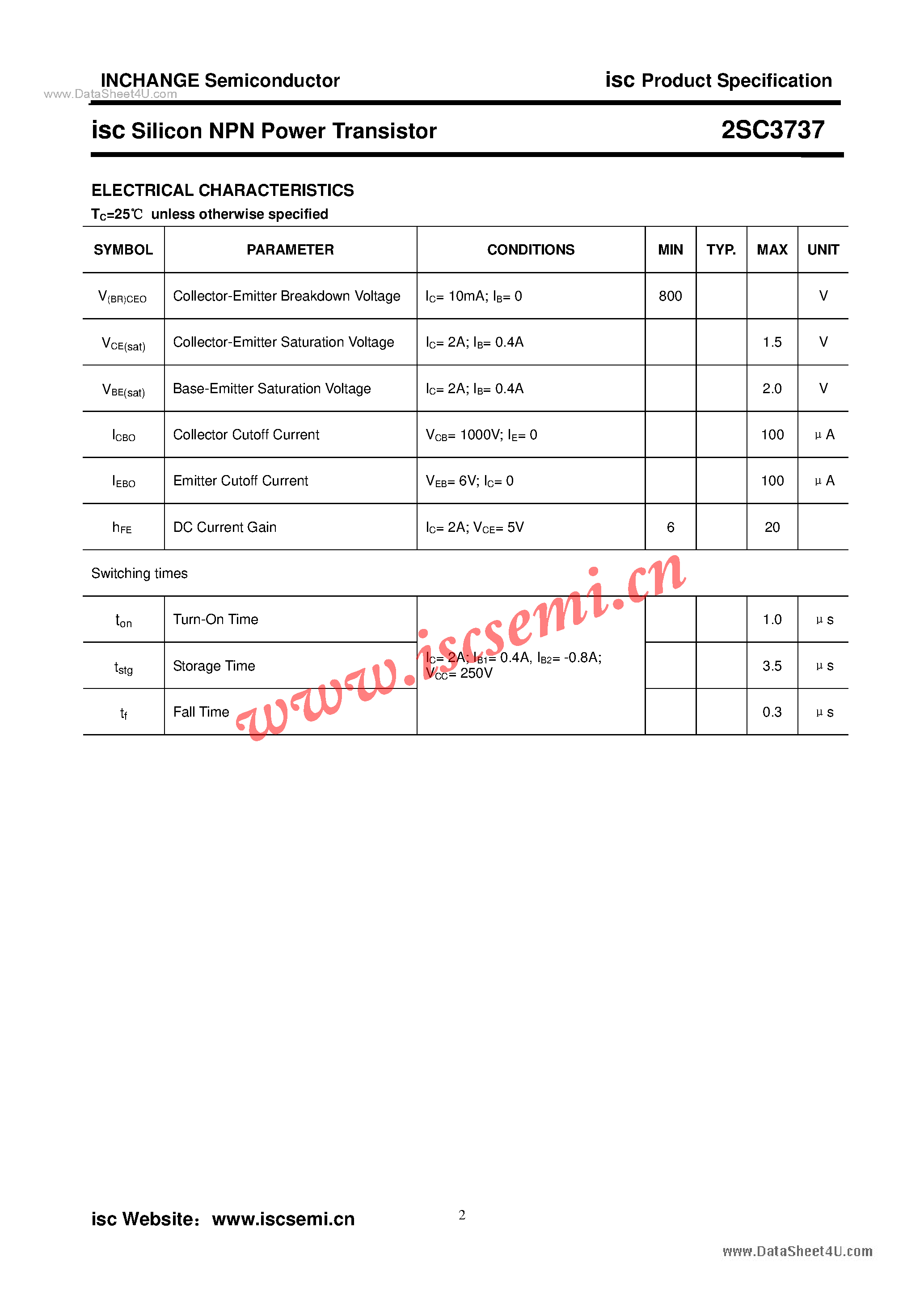 Datasheet 2SC3737 page 2 Datasheet 2SC3737 - Power Transistor page 2
