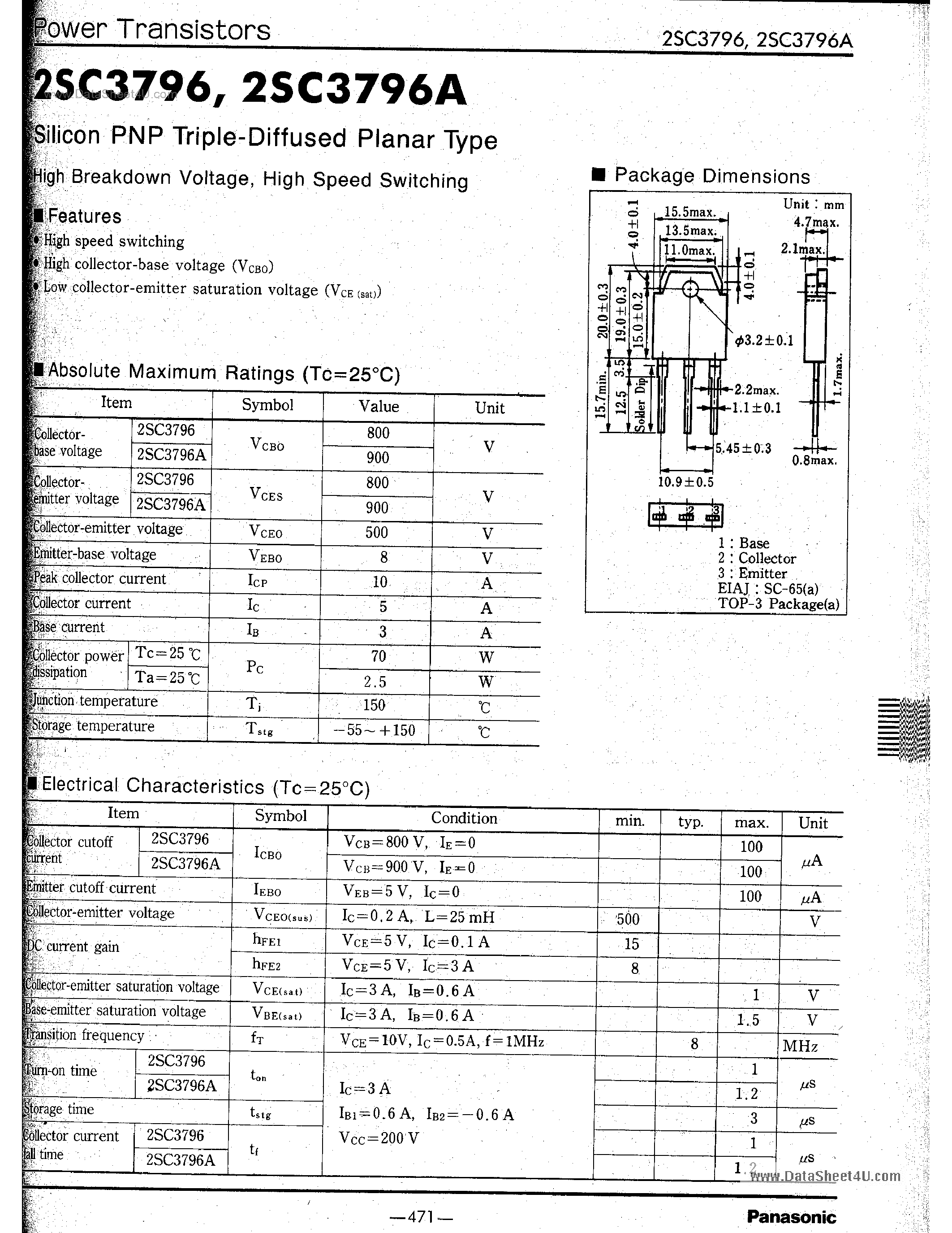Datasheet 2SC3796 - Silicon PNP Triple-Diffused Planar Type page 1