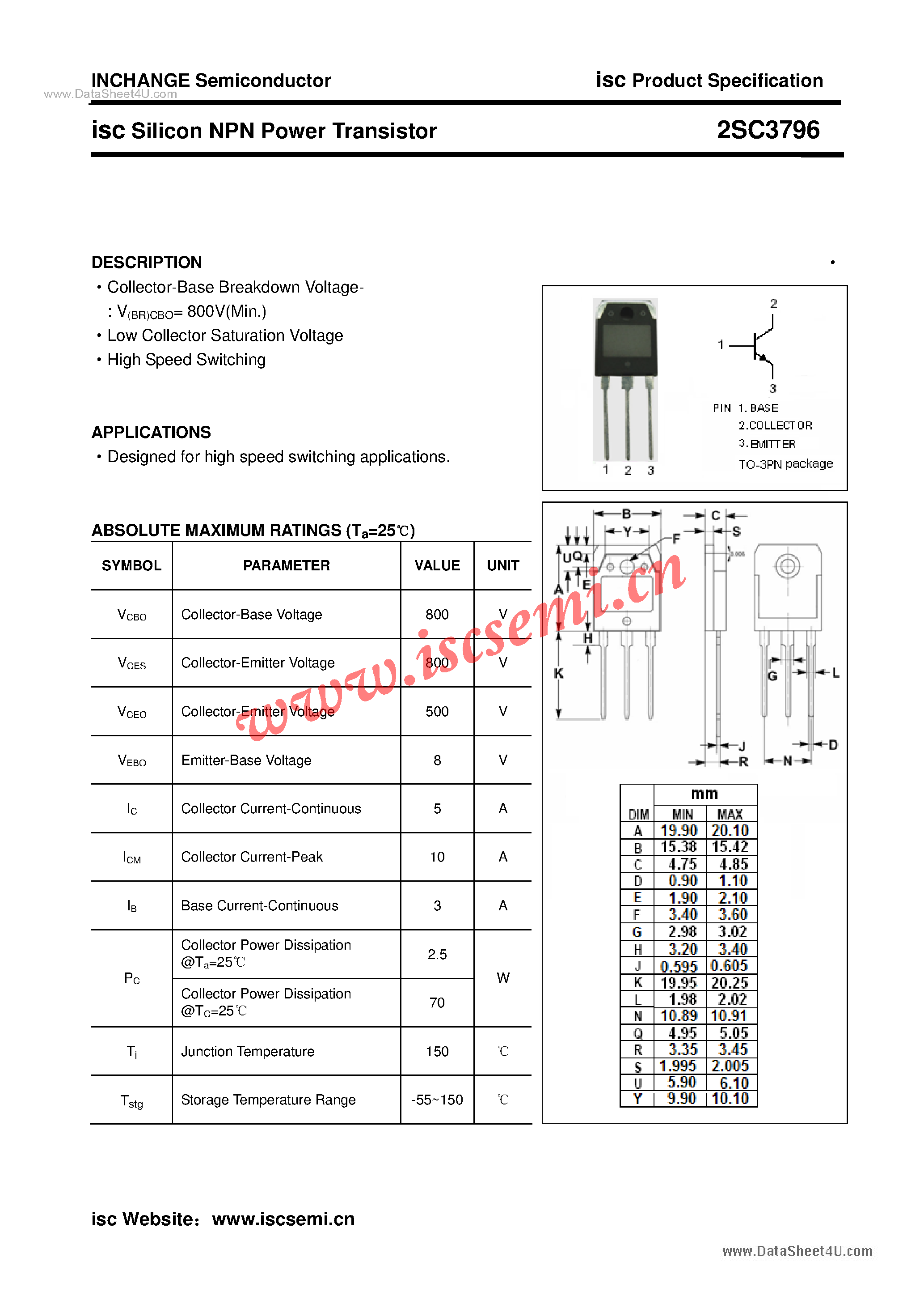 Datasheet 2SC3796 - Power Transistor page 1