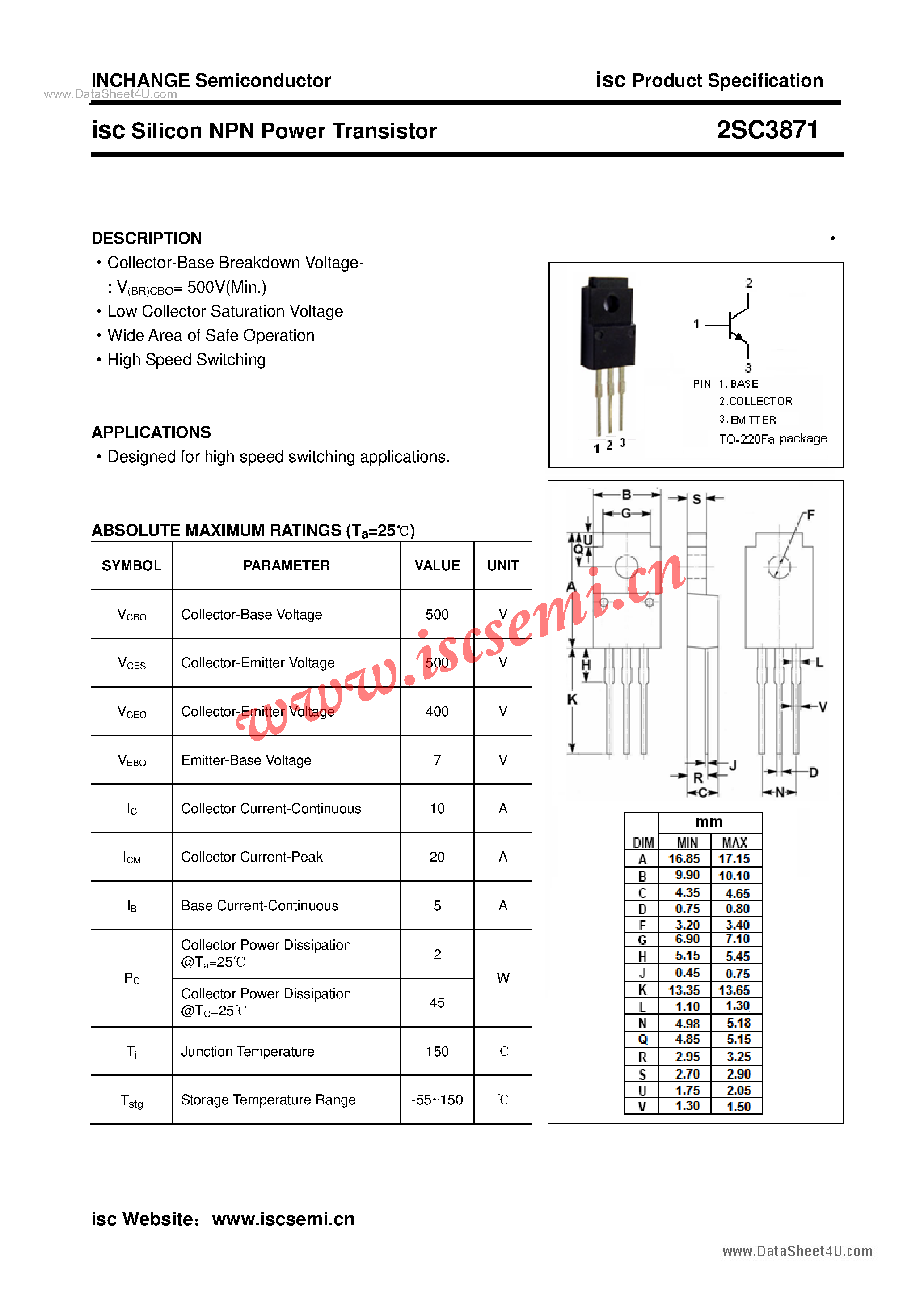 Datasheet 2SC3871 page 1 Datasheet 2SC3871 - Power Transistor page 1