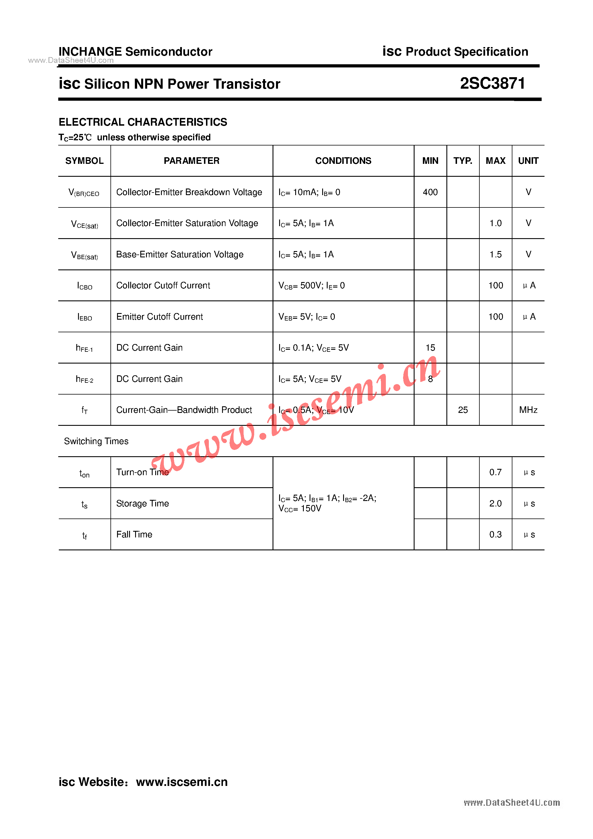 Datasheet 2SC3871 page 2 Datasheet 2SC3871 - Power Transistor page 2