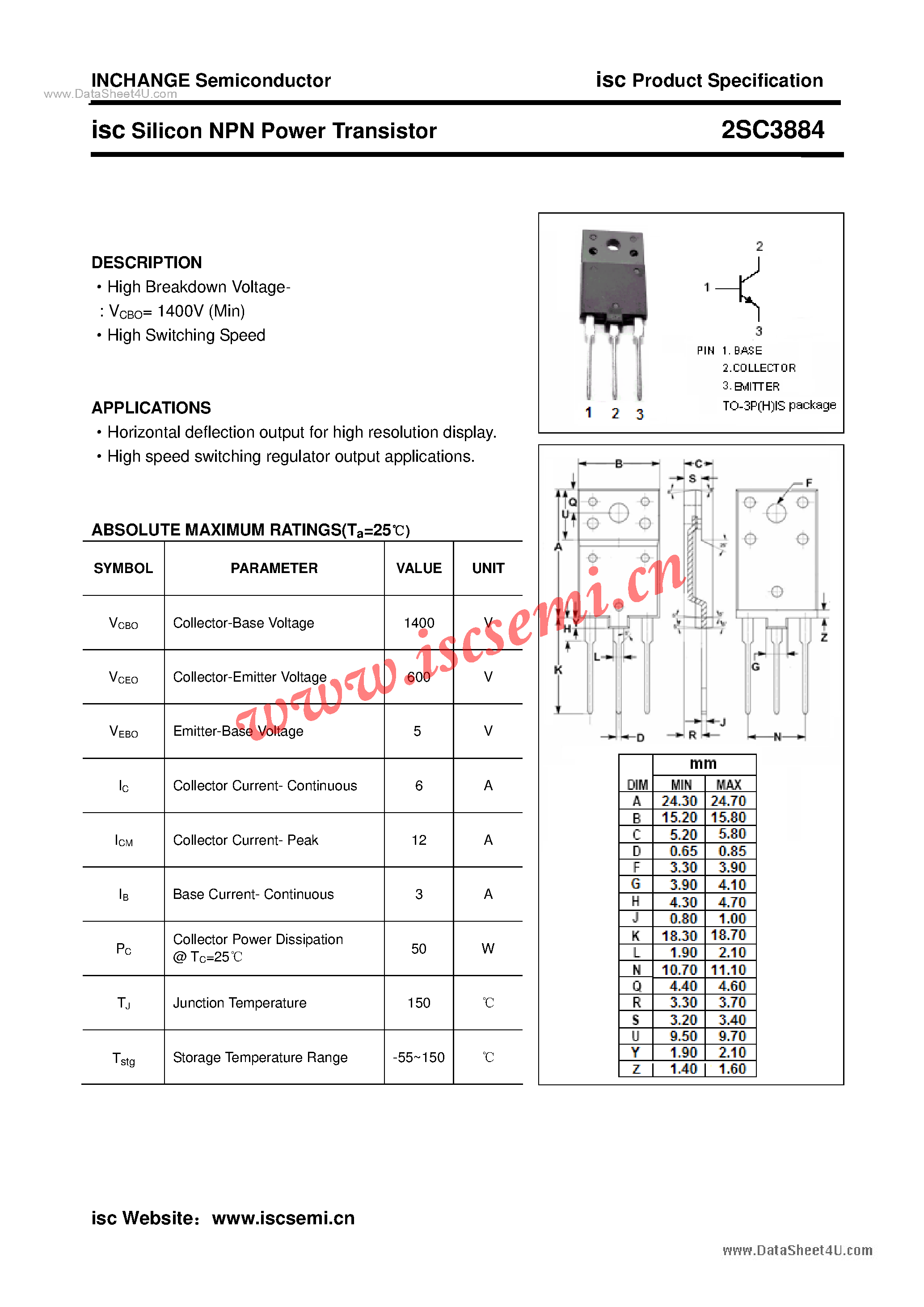 Datasheet 2SC3884 - Power Transistor page 1