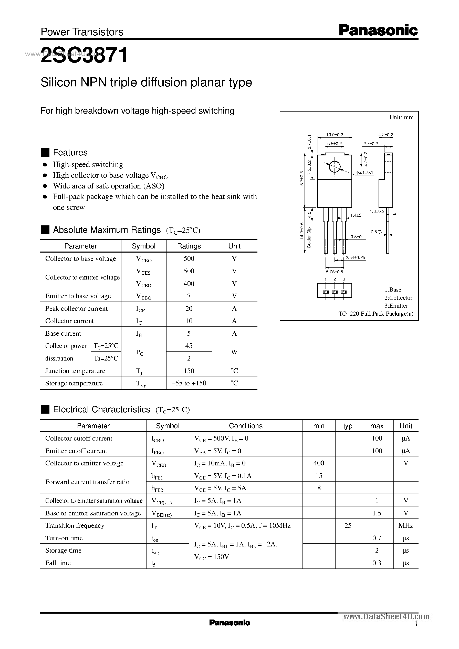 Datasheet 2SC3871 - Silicon NPN triple diffusion planar type page 1