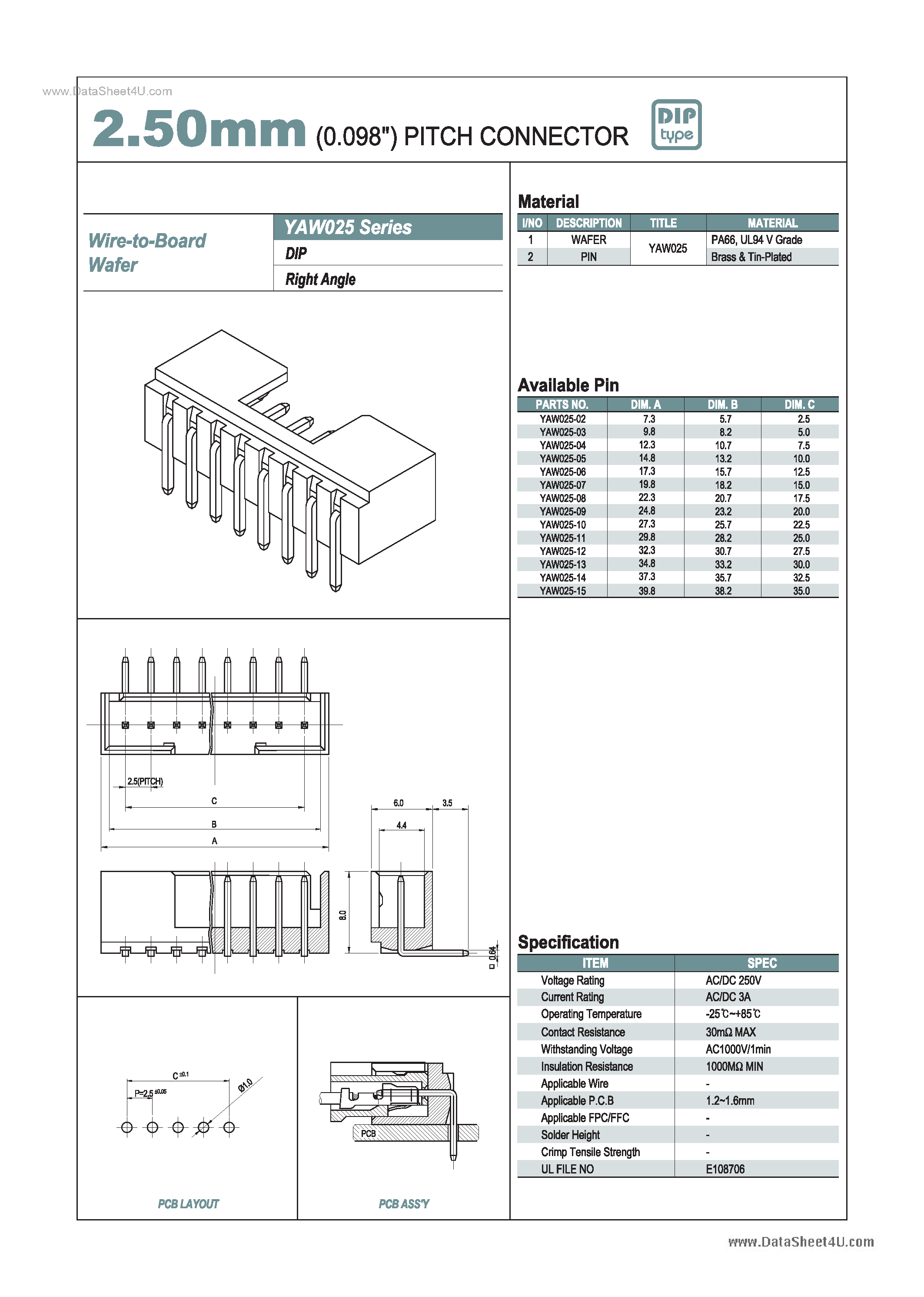 Datasheet YAW025 page 1 Datasheet YAW025 - 2.50mm PITCH CONNECTOR page 1