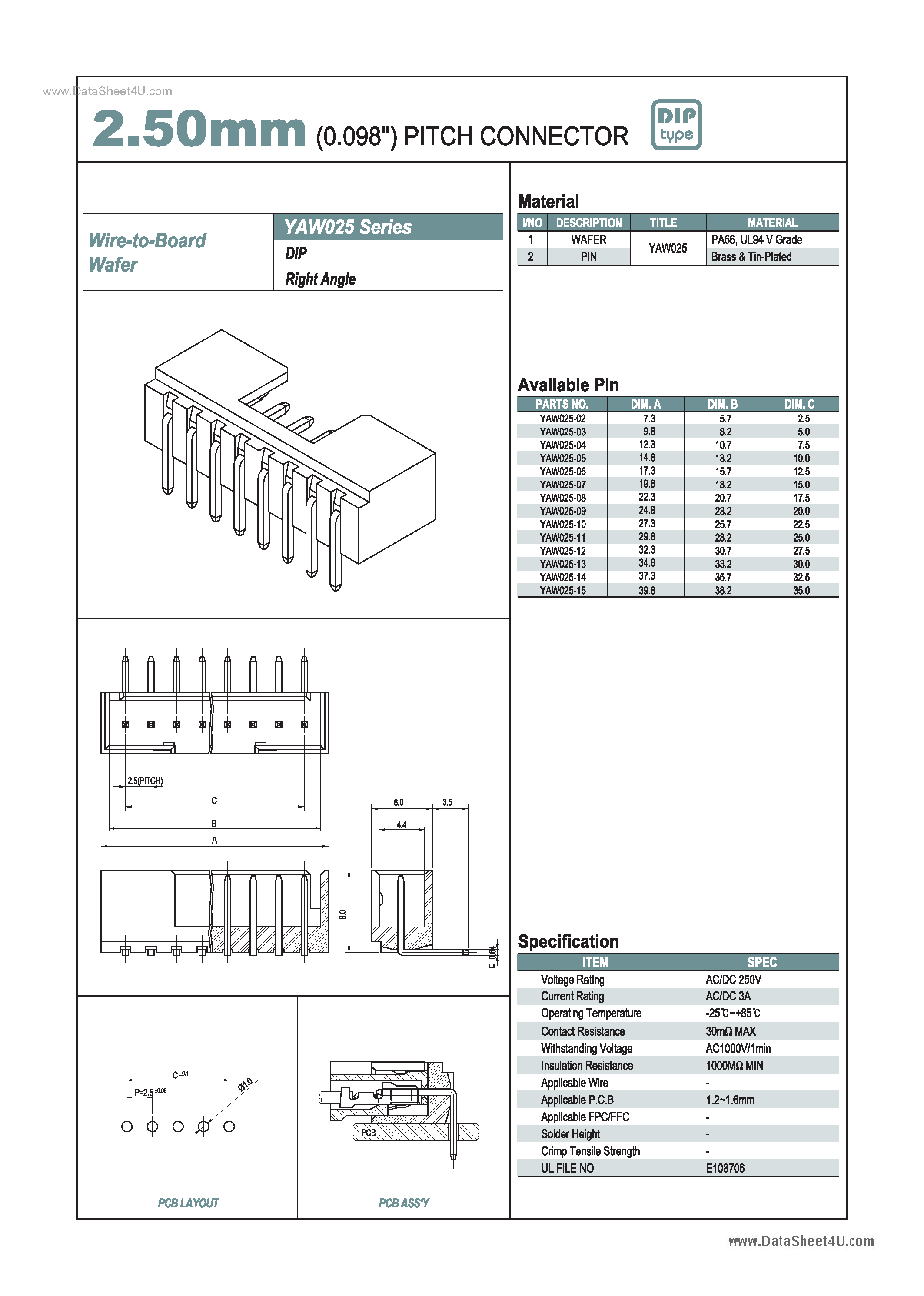 Datasheet YAW025 - 2.50mm PITCH CONNECTOR page 1