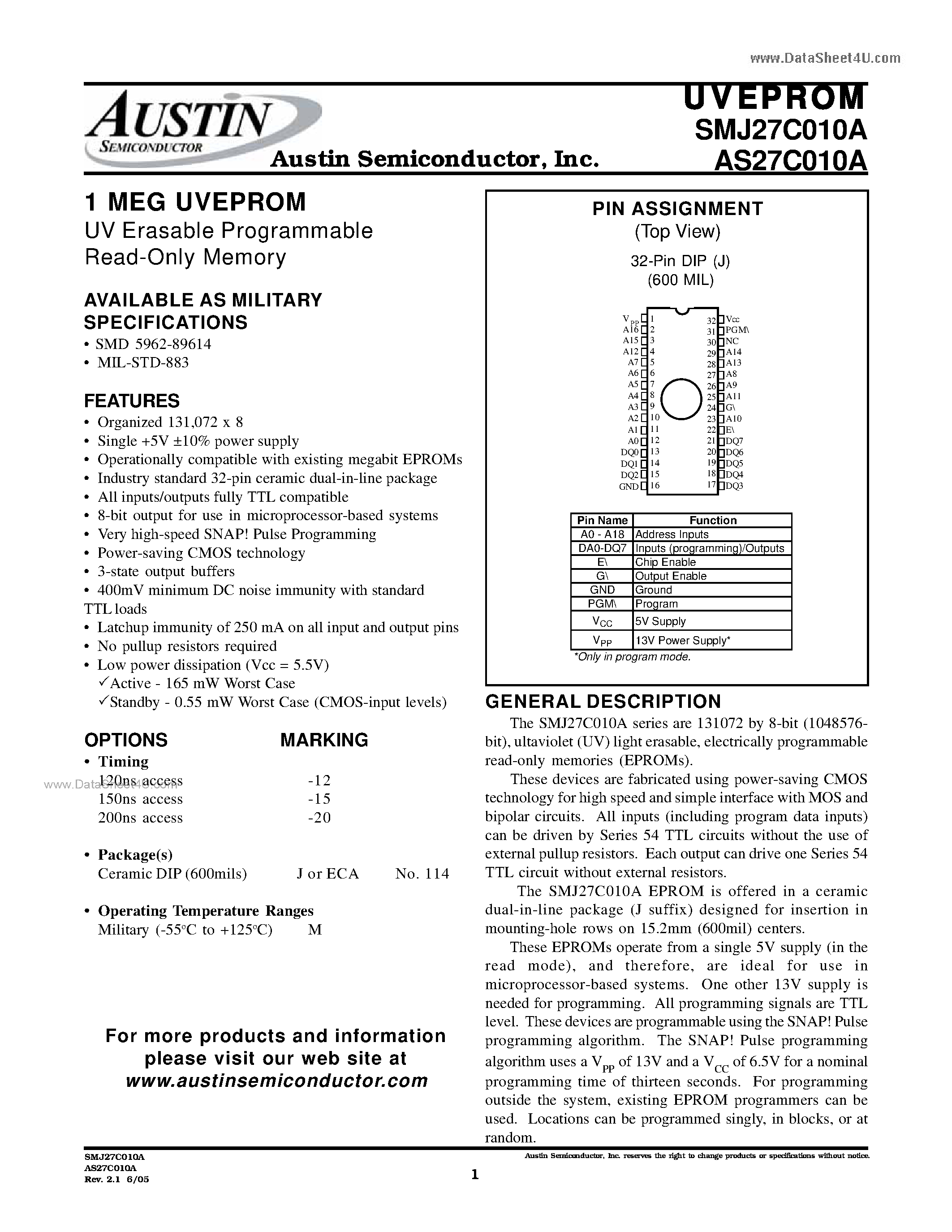 Datasheet SMJ27C010A - 1 MEG UVEPROM UV Erasable Programmable Read-Only Memory page 1