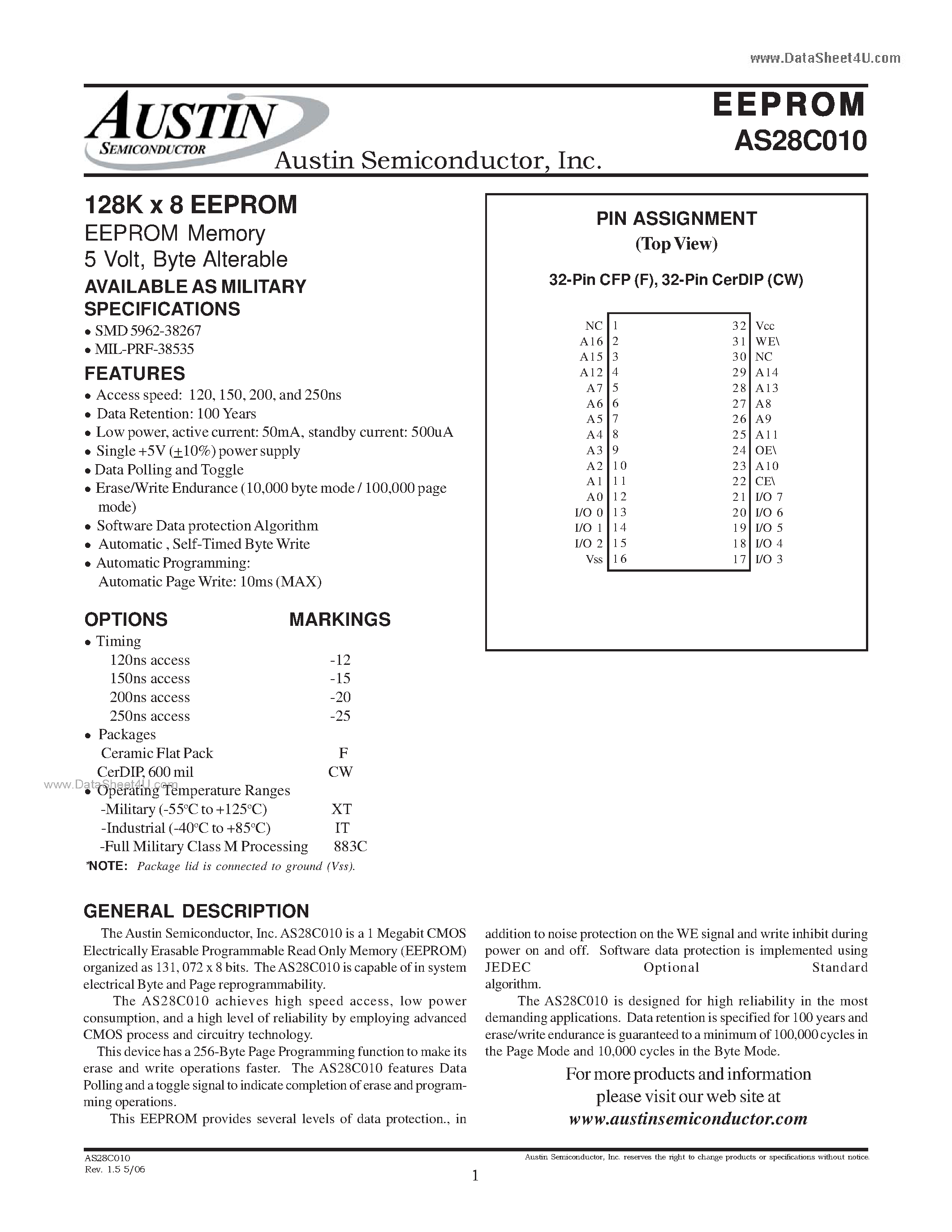 Даташит на микросхему AS28C010 страница 1 Даташит AS28C010 - 128K x 8 EEPROM EEPROM Memory страница 1