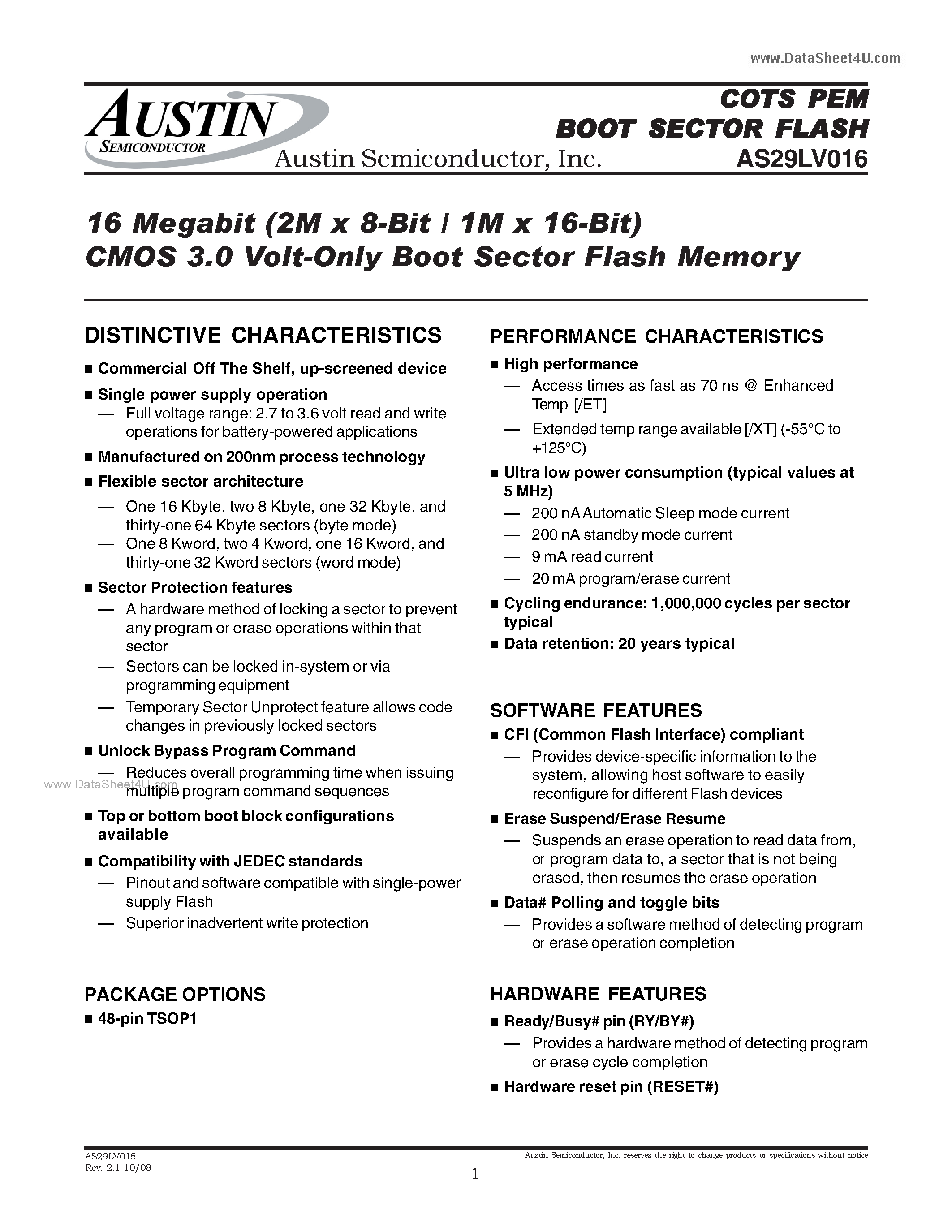 Datasheet AS29LV016 - 16 Megabit (2M x 8-Bit / 1M x 16-Bit) CMOS 3.0 Volt-Only Boot Sector Flash Memory page 1