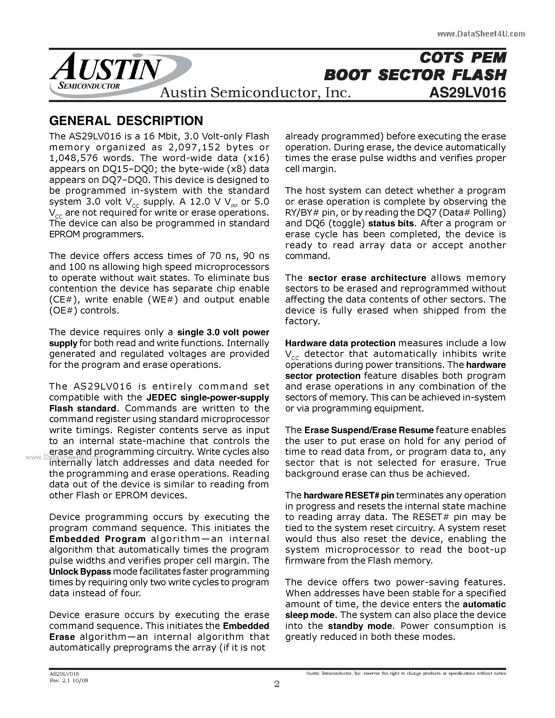 Datasheet AS29LV016 - 16 Megabit (2M x 8-Bit / 1M x 16-Bit) CMOS 3.0 Volt-Only Boot Sector Flash Memory page 2