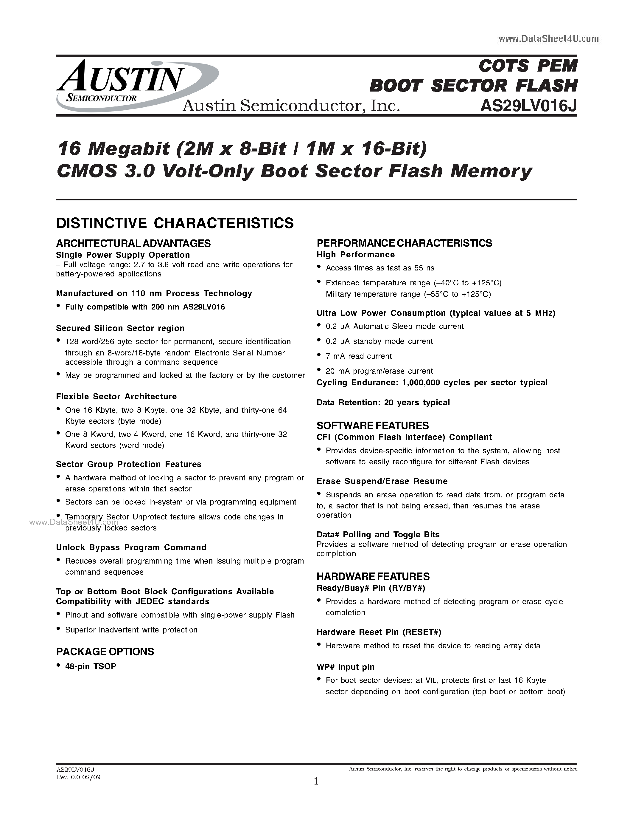 Datasheet AS29LV016J - 16 Megabit (2M x 8-Bit / 1M x 16-Bit) CMOS 3.0 Volt-Only Boot Sector Flash Memory page 1