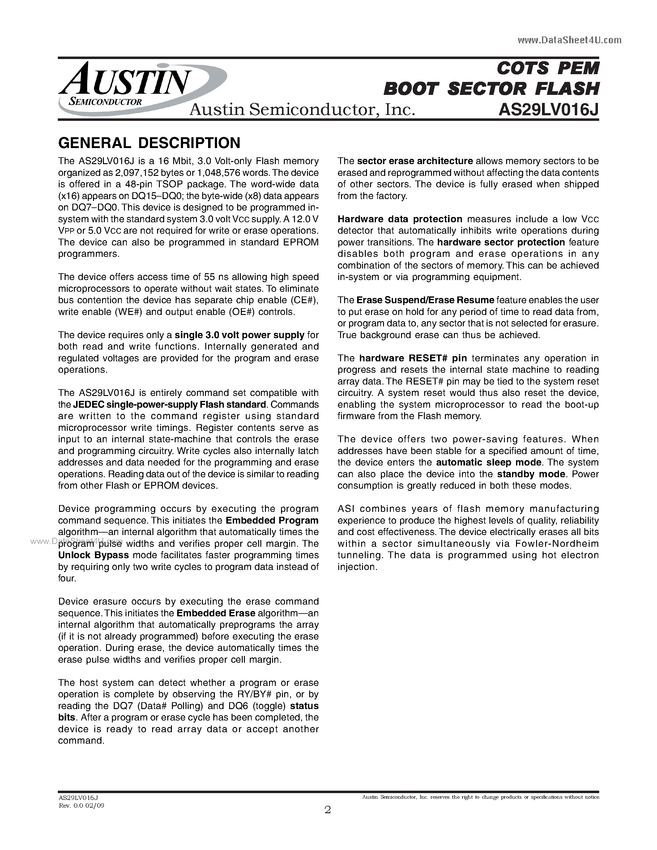 Datasheet AS29LV016J - 16 Megabit (2M x 8-Bit / 1M x 16-Bit) CMOS 3.0 Volt-Only Boot Sector Flash Memory page 2