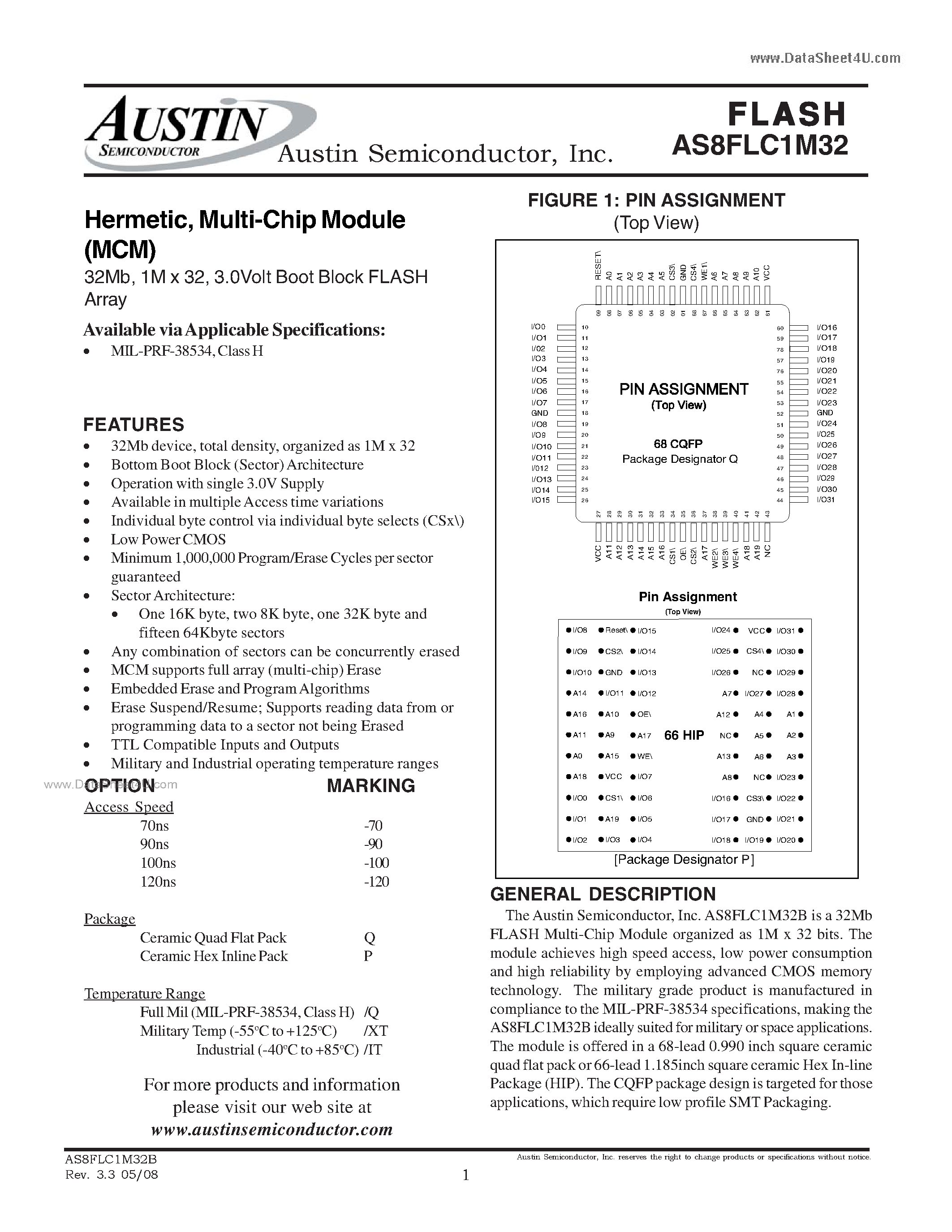 Datasheet AS8FLC1M32 page 1 Datasheet AS8FLC1M32 - 3.0Volt Boot Block FLASH Array page 1