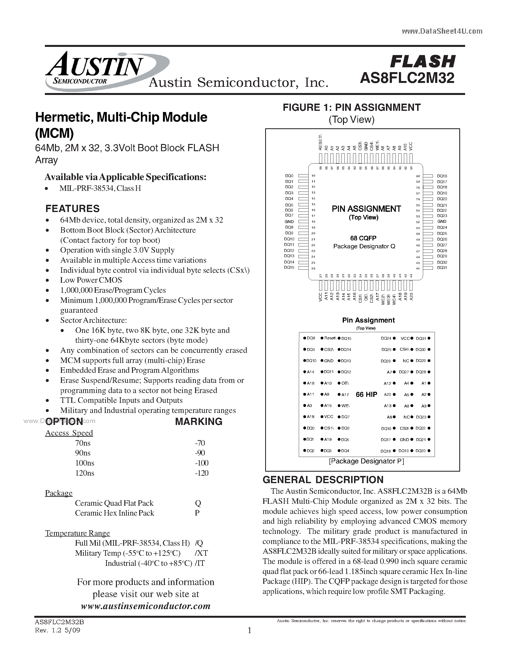 Datasheet AS8FLC2M32 page 1 Datasheet AS8FLC2M32 - 3.3Volt Boot Block FLASH Array page 1