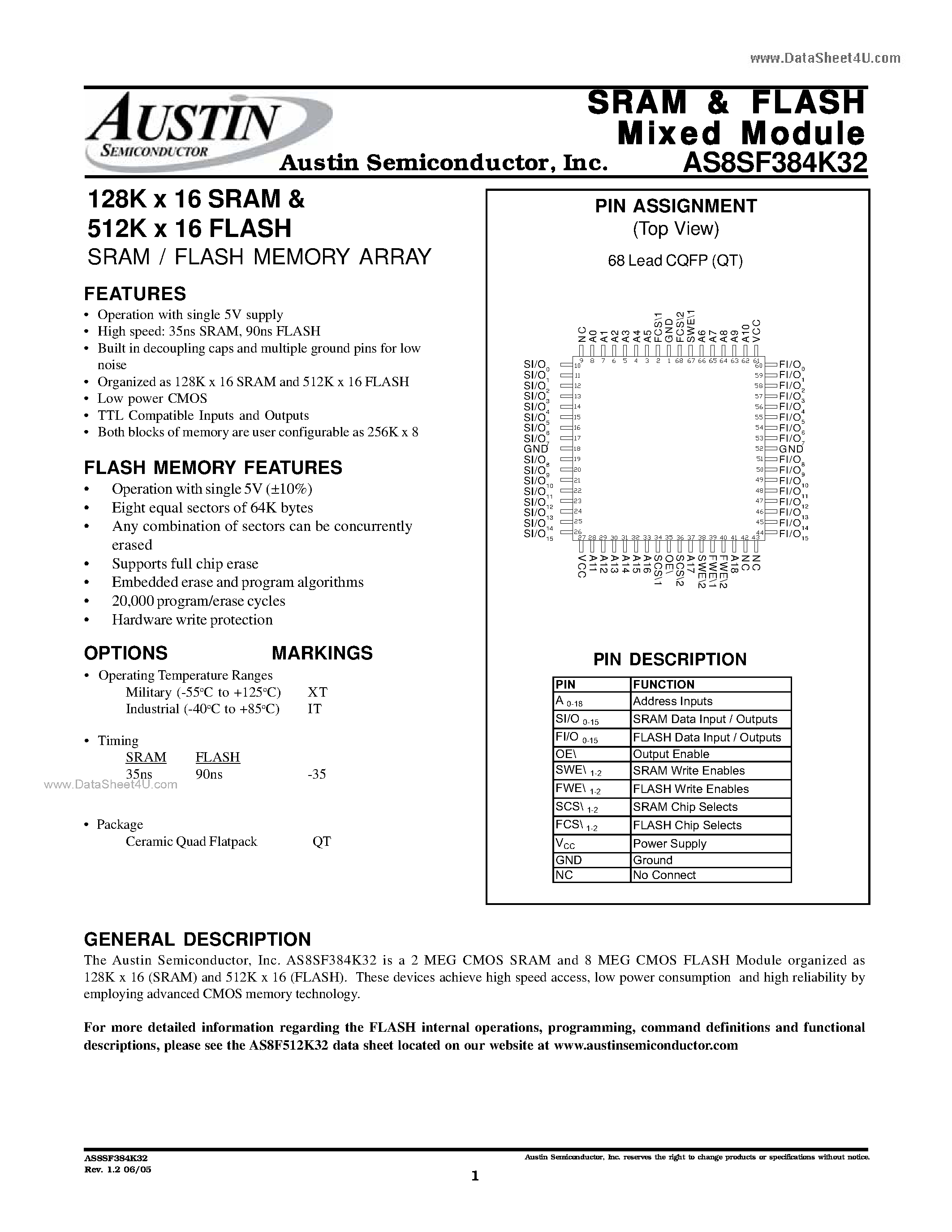 Datasheet AS8SF384K32 - 128K x 16 SRAM & 512K x 16 FLASH SRAM / FLASH MEMORY ARRAY page 1