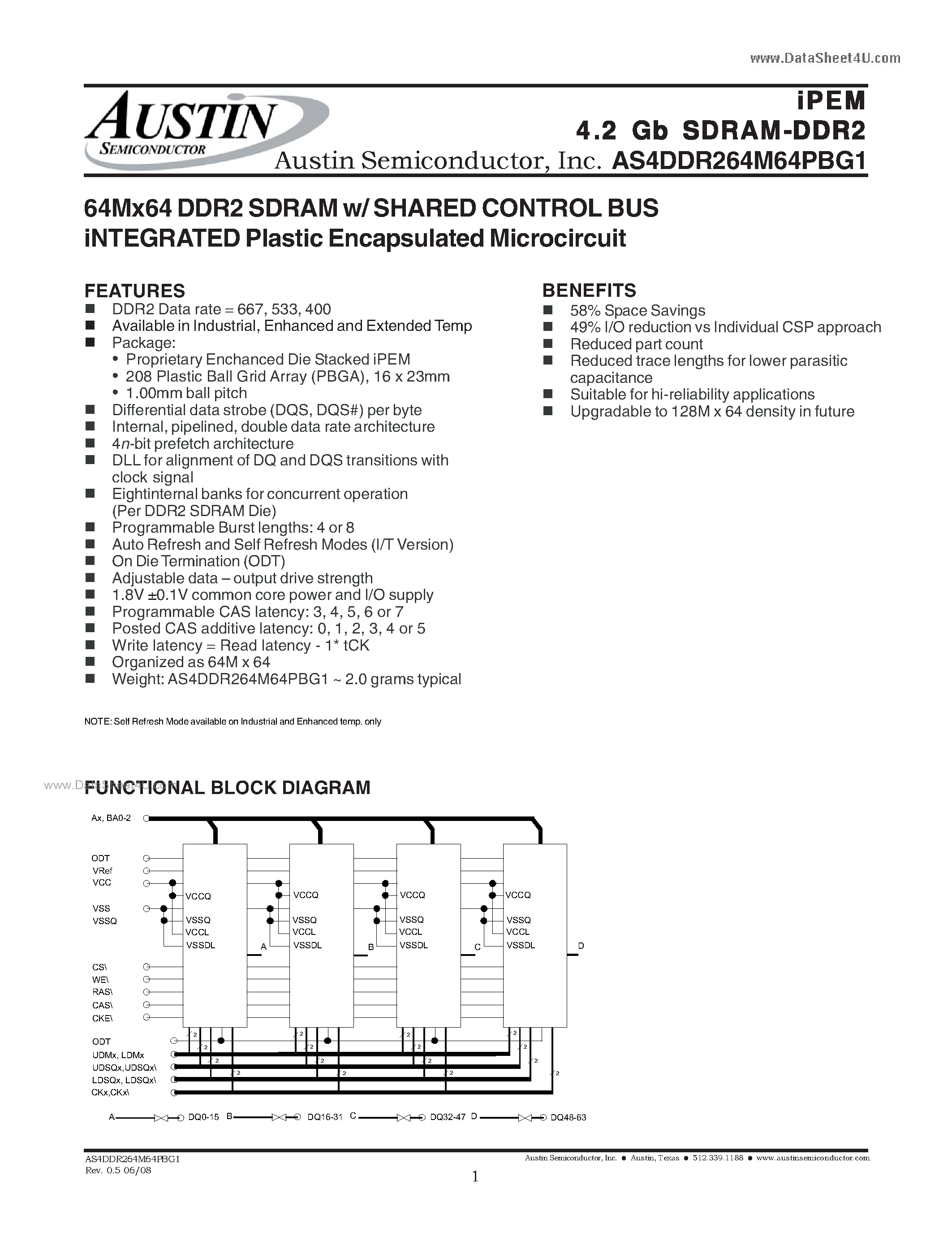 Datasheet AS4DDR264M64PBG1 - 64Mx64 DDR2 SDRAM w/ SHARED CONTROL BUS iNTEGRATED Plastic Encapsulated Microcircuit page 1