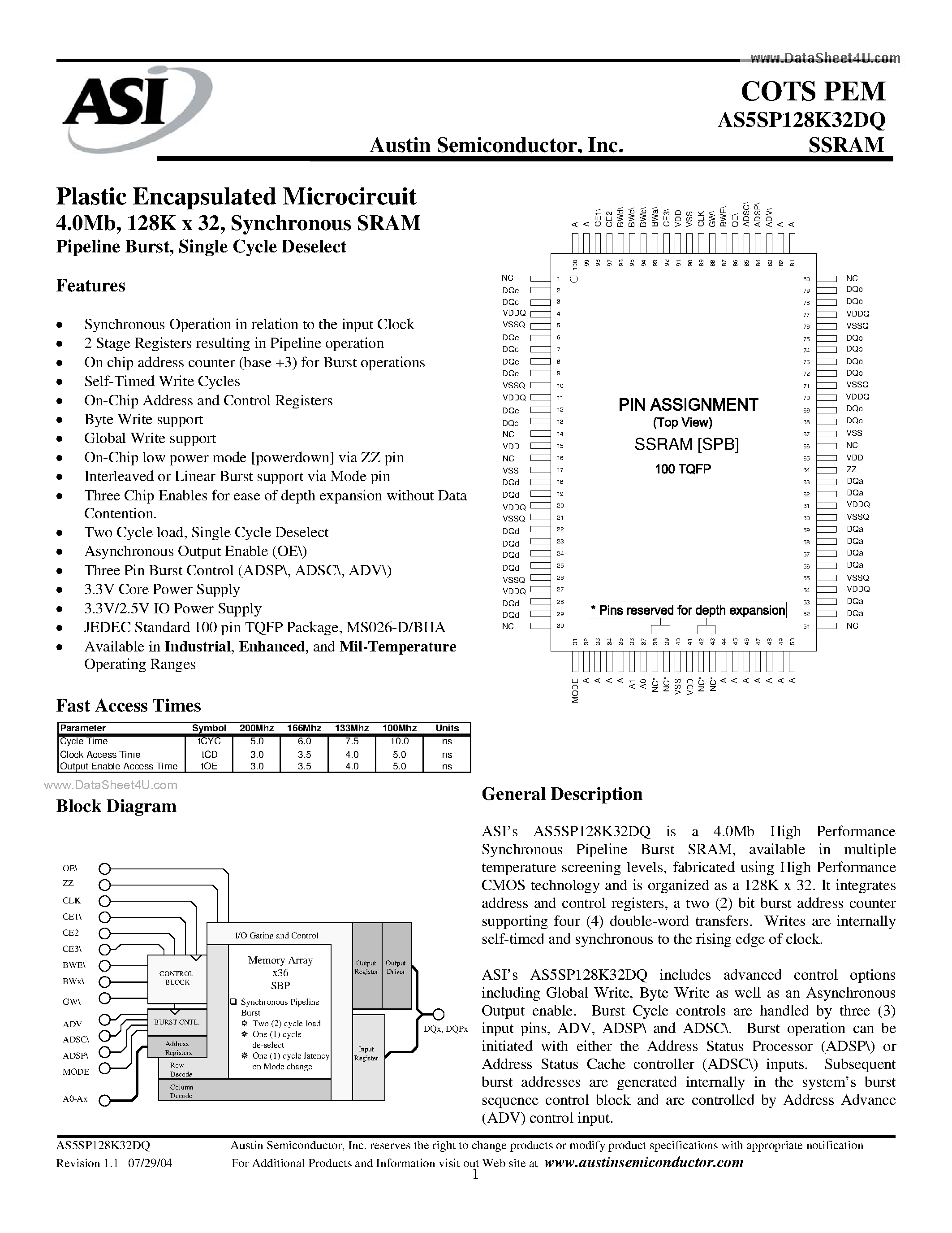Datasheet AS5SP128K32DQ - Plastic Encapsulated Microcircuit 4.0Mb page 1
