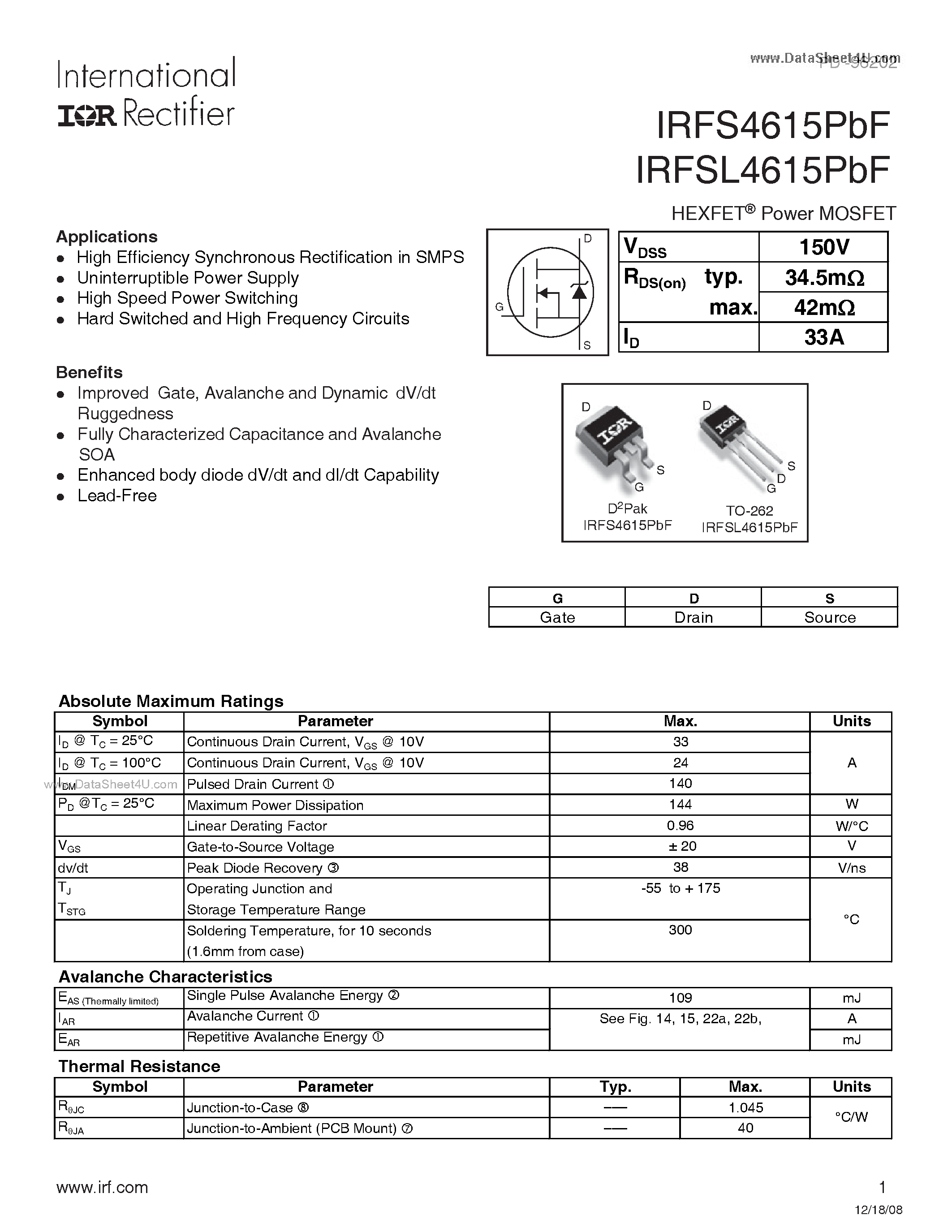 Datasheet IRFS4615PBF - N-Channel HEXFET Power MOSFET page 1