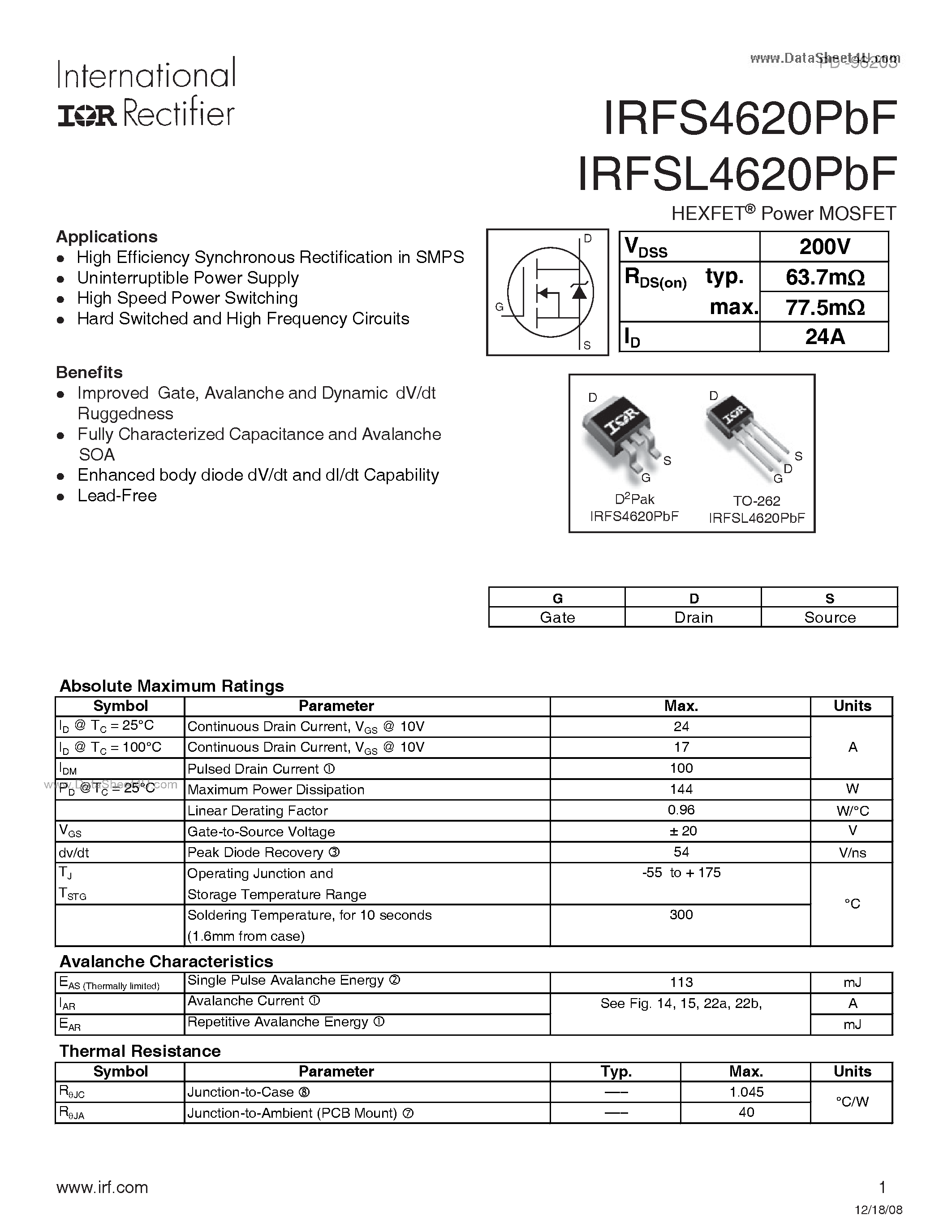 Datasheet IRFS4620PBF - N-Channel HEXFET Power MOSFET page 1