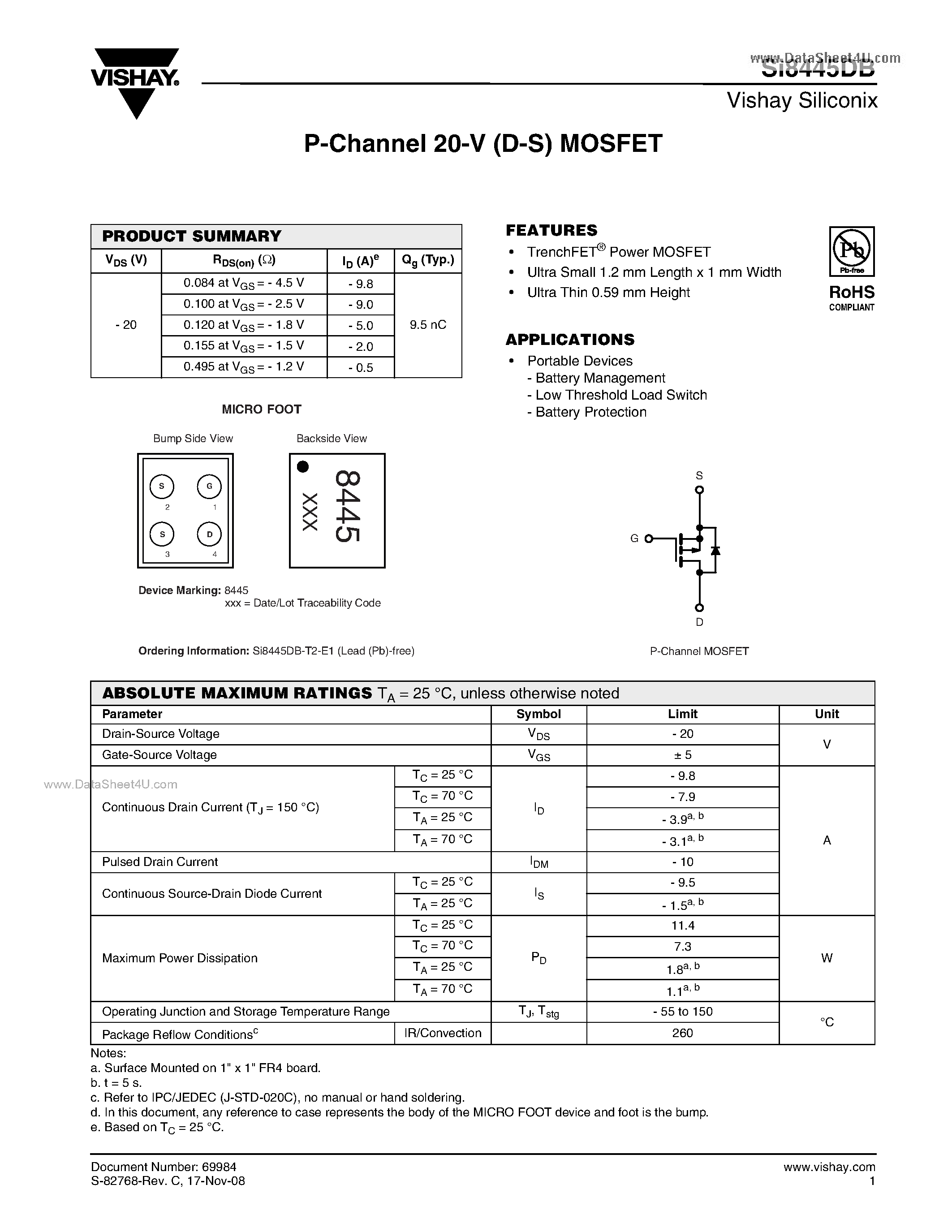Даташит на микросхему Si8445DB страница 1 Даташит Si8445DB - P-Channel 20-V (D-S) MOSFET страница 1