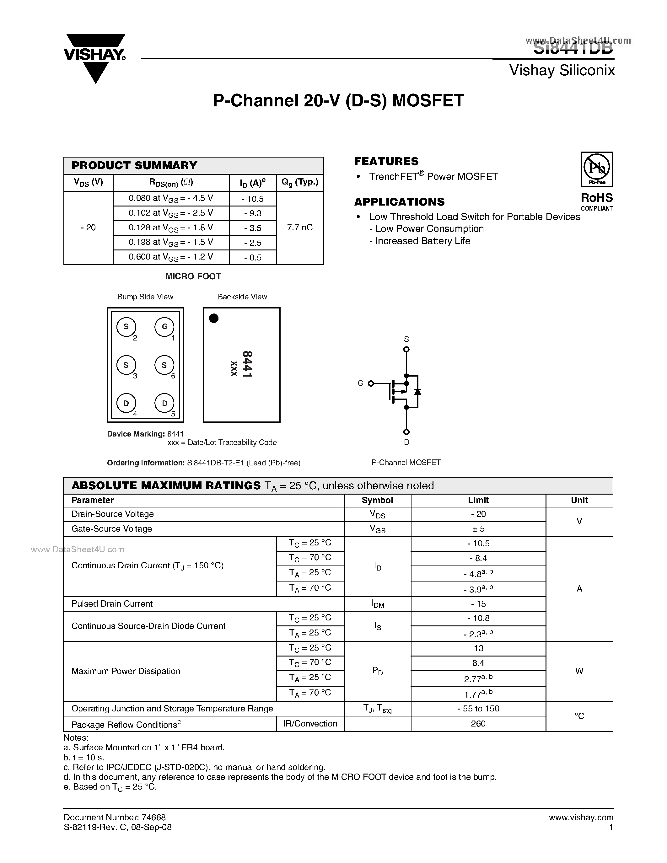 Даташит на микросхему Si8441DB страница 1 Даташит Si8441DB - P-Channel 20-V (D-S) MOSFET страница 1
