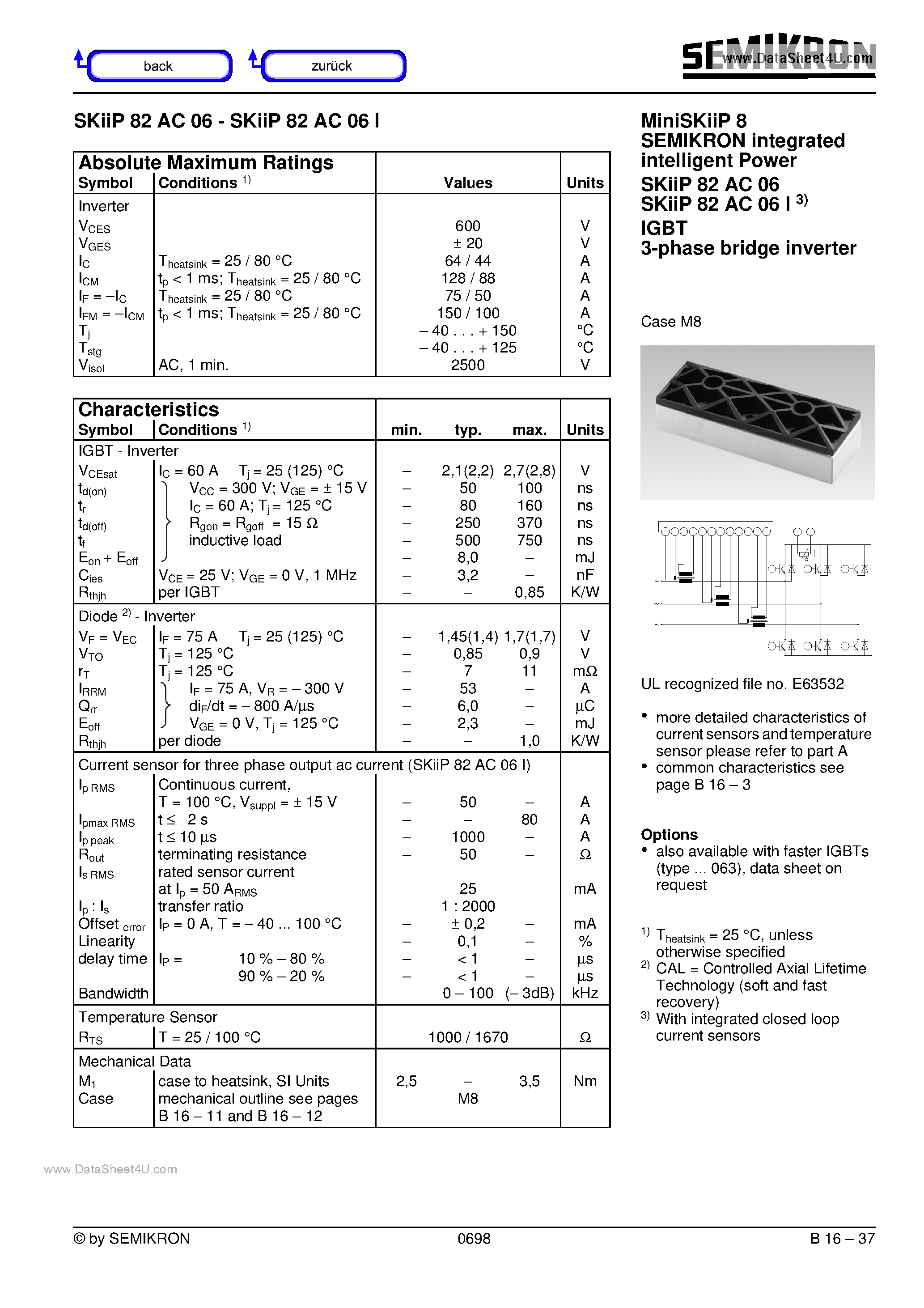 Даташит на микросхему SKIIP82AC06 страница 1 Даташит SKIIP82AC06 - Miniskiip 8 Semikron Integrated Intelligent Power страница 1