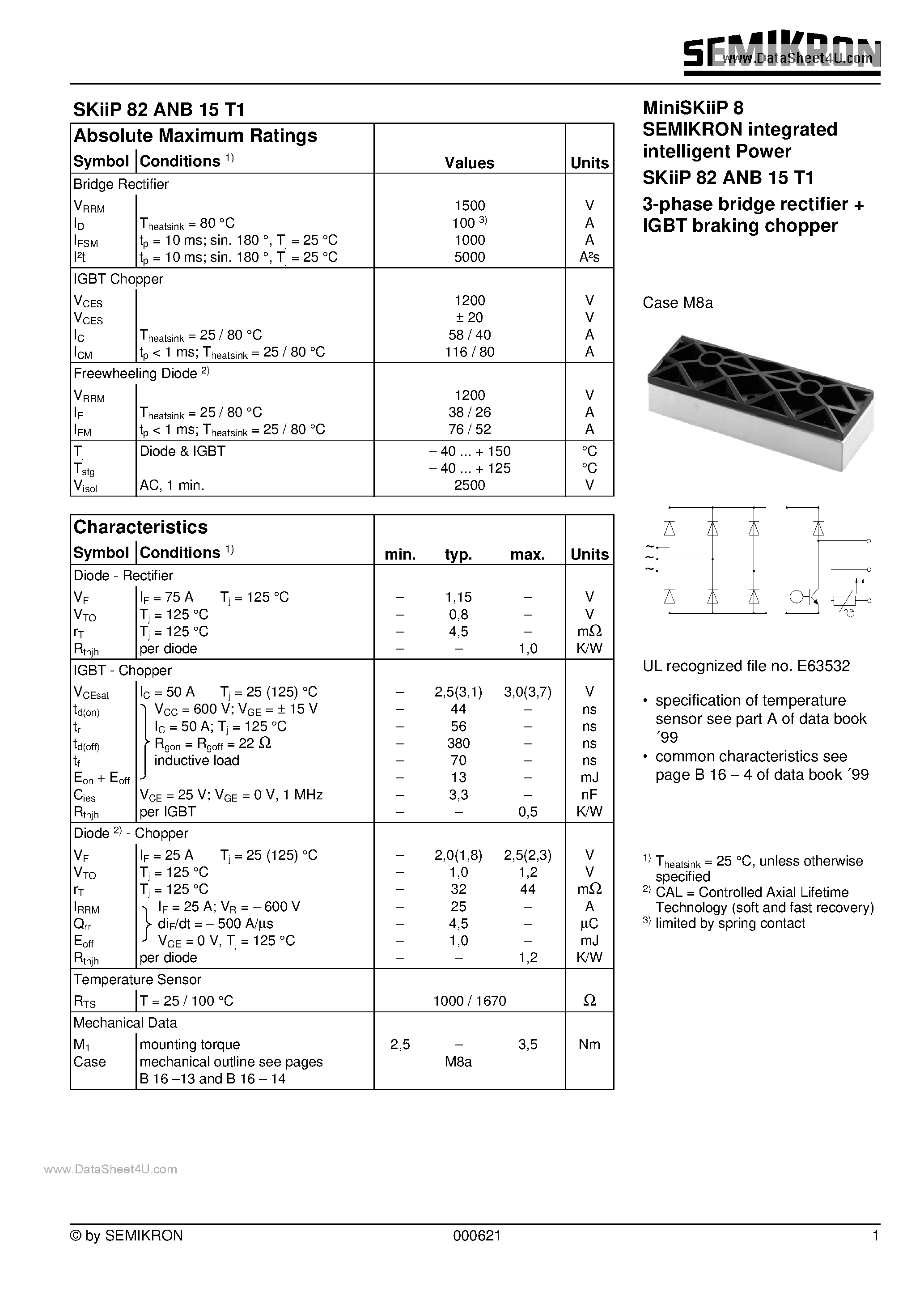 Datasheet SKIIP82ANB15T1 - Miniskiip 8 Semikron Integrated Intelligent Power 3-phase Bridge Rectifier + Igbt Braking Chopper page 1