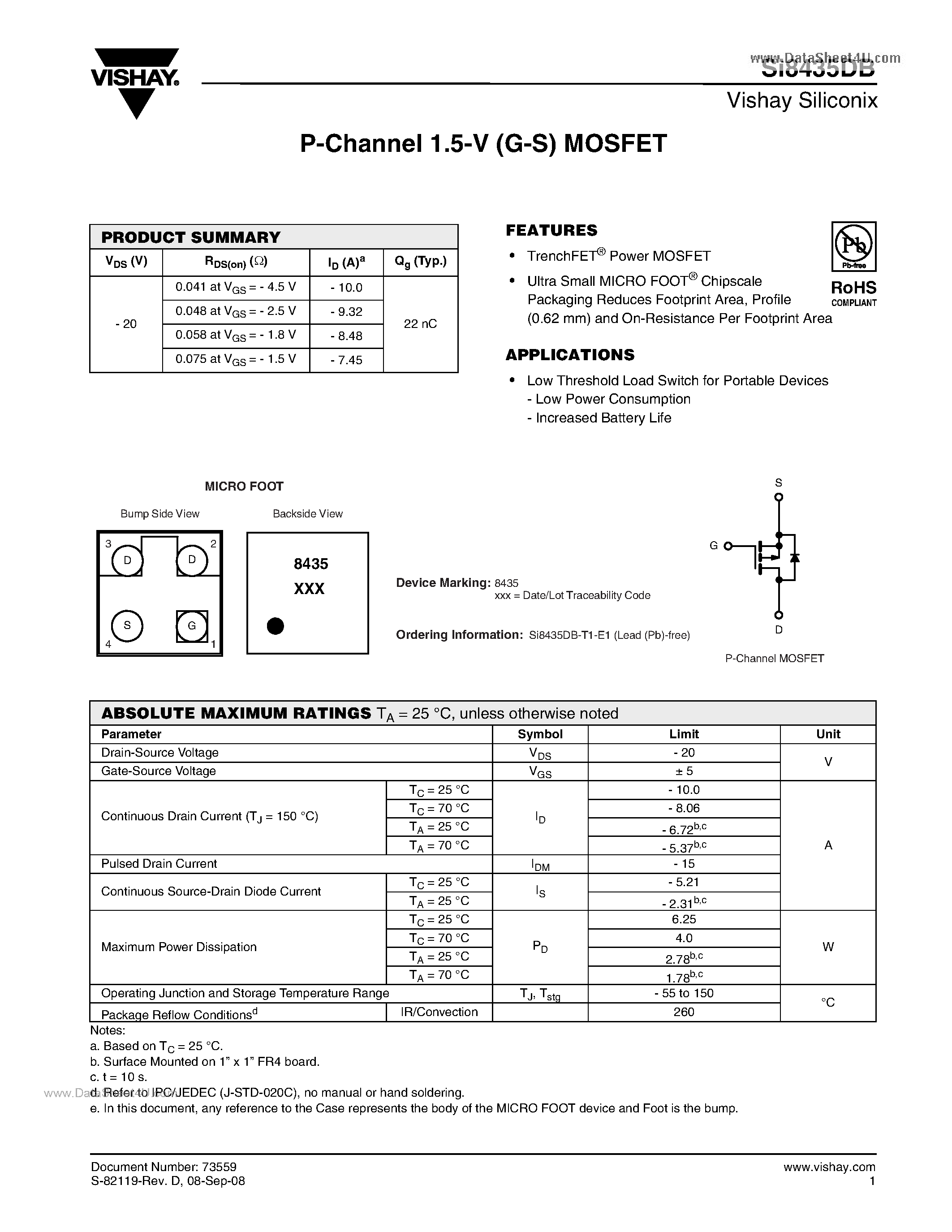 Даташит на микросхему Si8435DB страница 1 Даташит Si8435DB - P-Channel 20-V (D-S) MOSFET страница 1