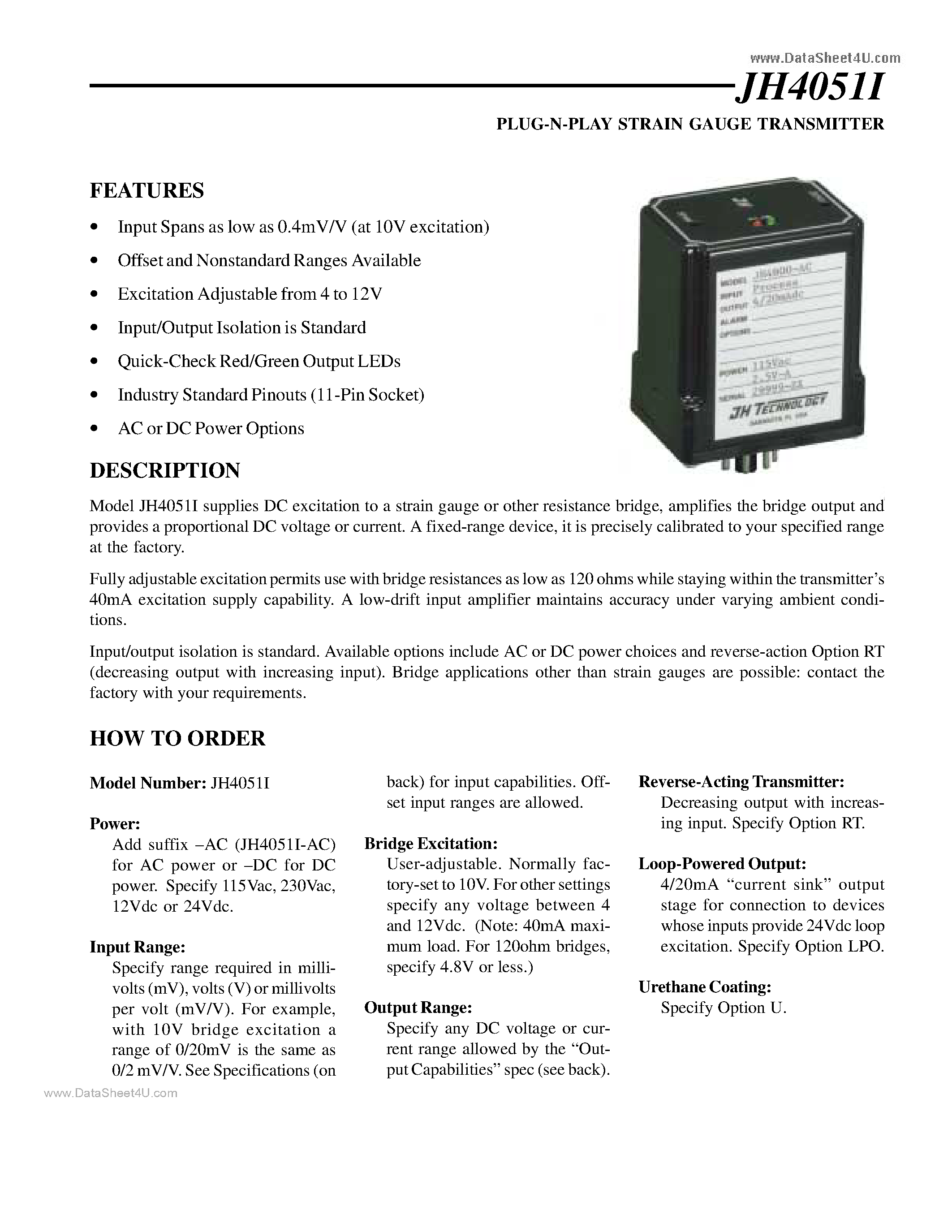 Datasheet JH4051I - PLUG-N-PLAY STRAIN GAUGE TRANSMITTER page 1