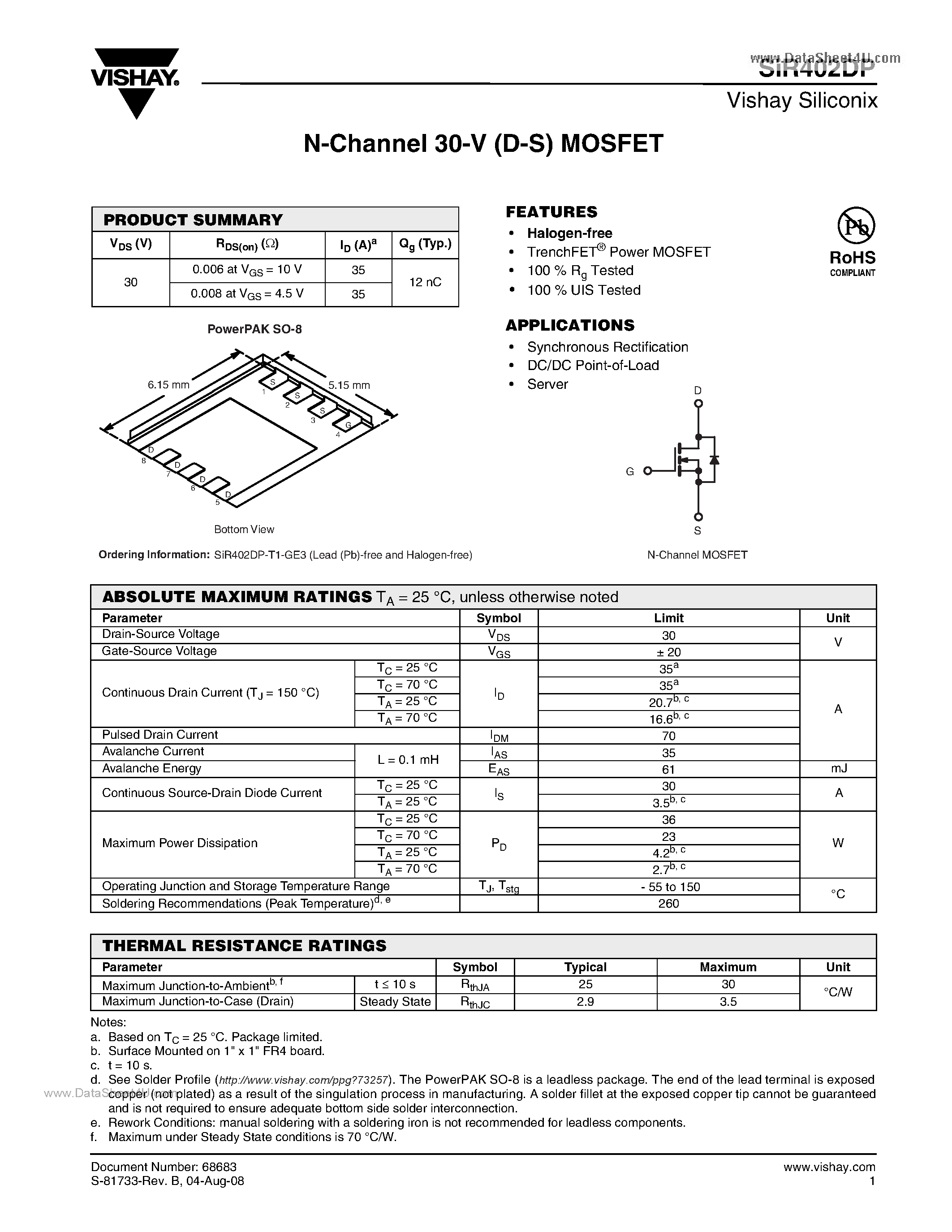 Datasheet SIR402DP - N-Channel MOSFET page 1