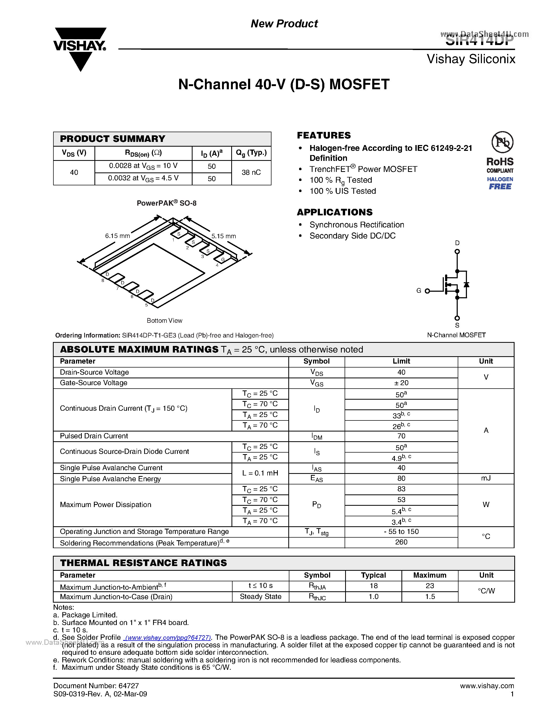 Datasheet SIR414DP - N-Channel MOSFET page 1