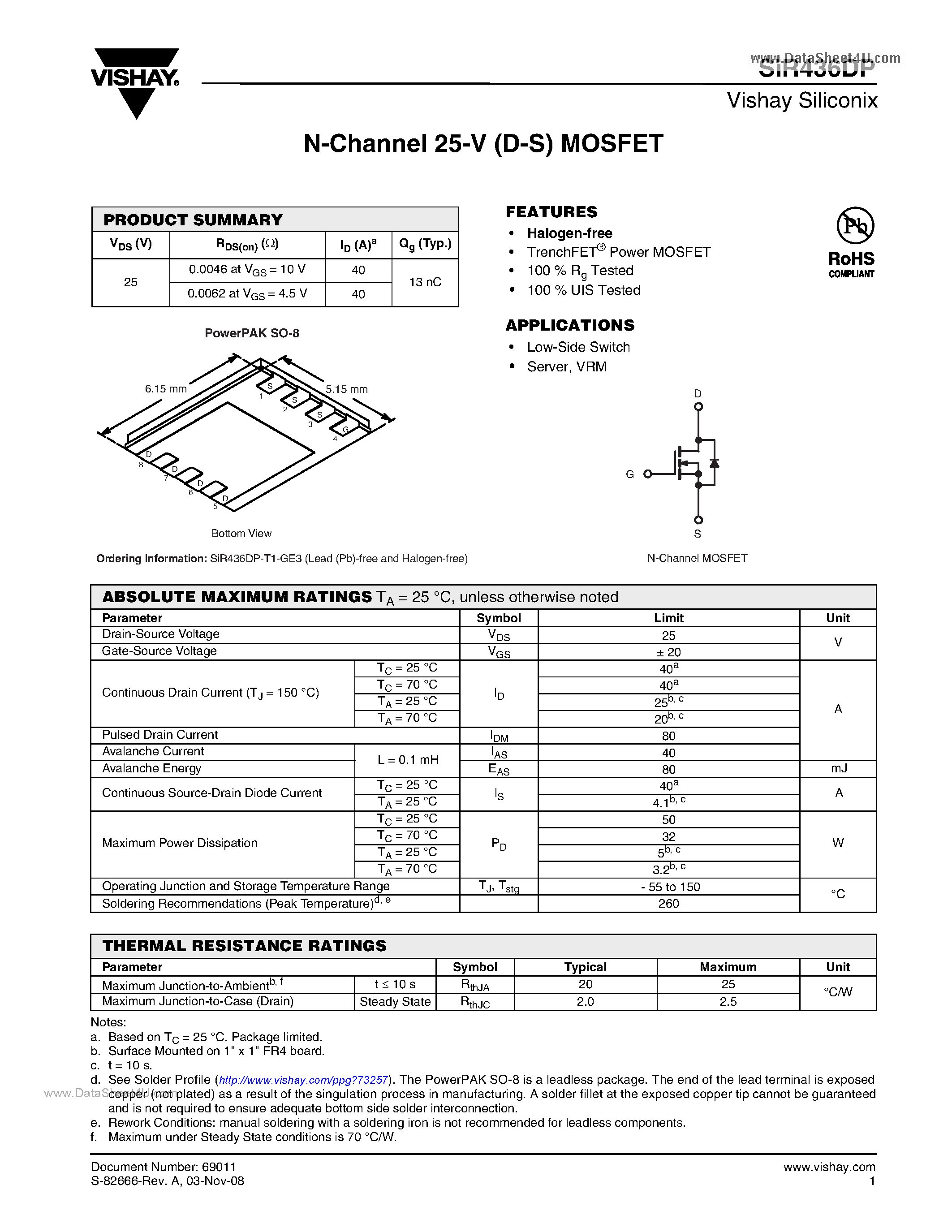 Datasheet SIR436DP page 1 Datasheet SIR436DP - N-Channel MOSFET page 1