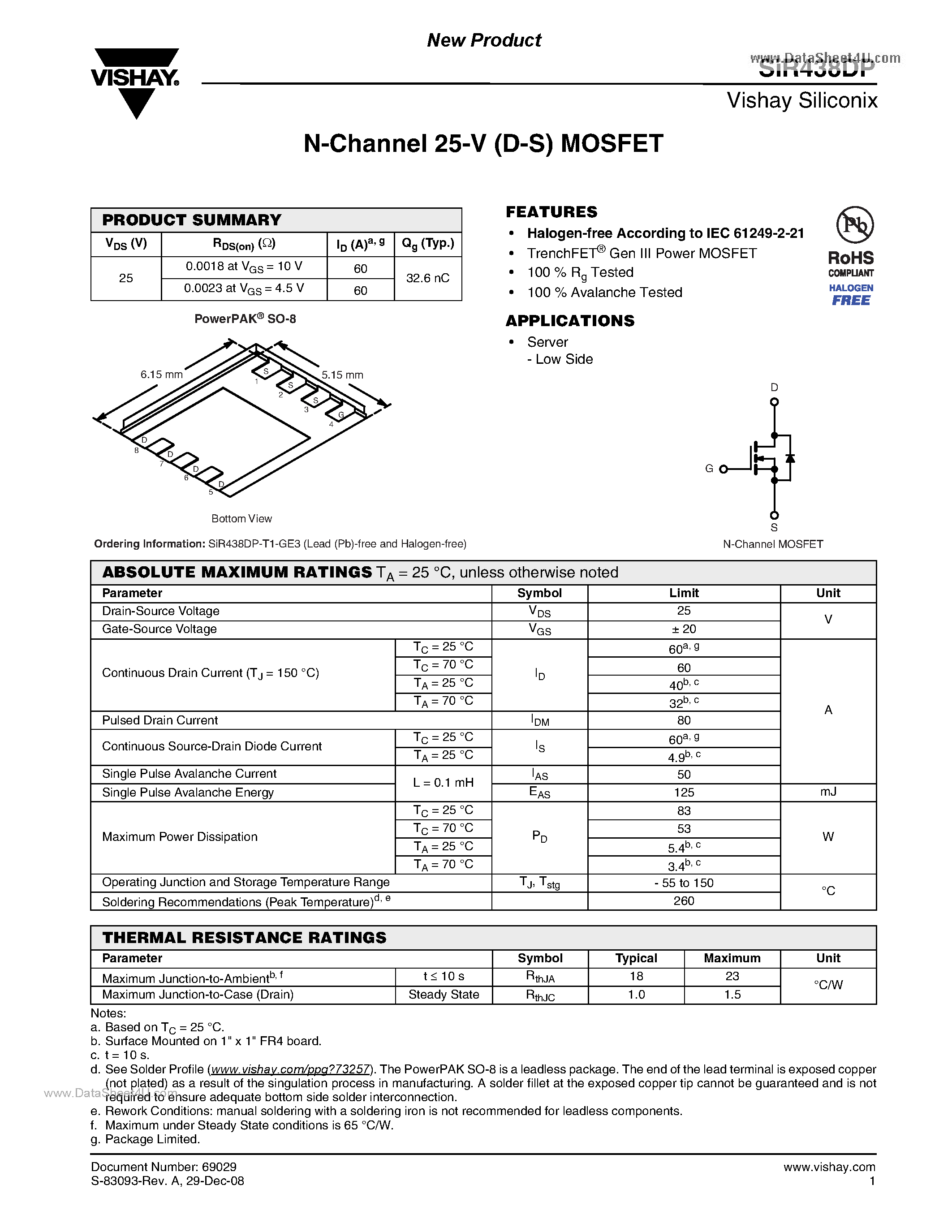 Datasheet SIR438DP - N-Channel MOSFET page 1