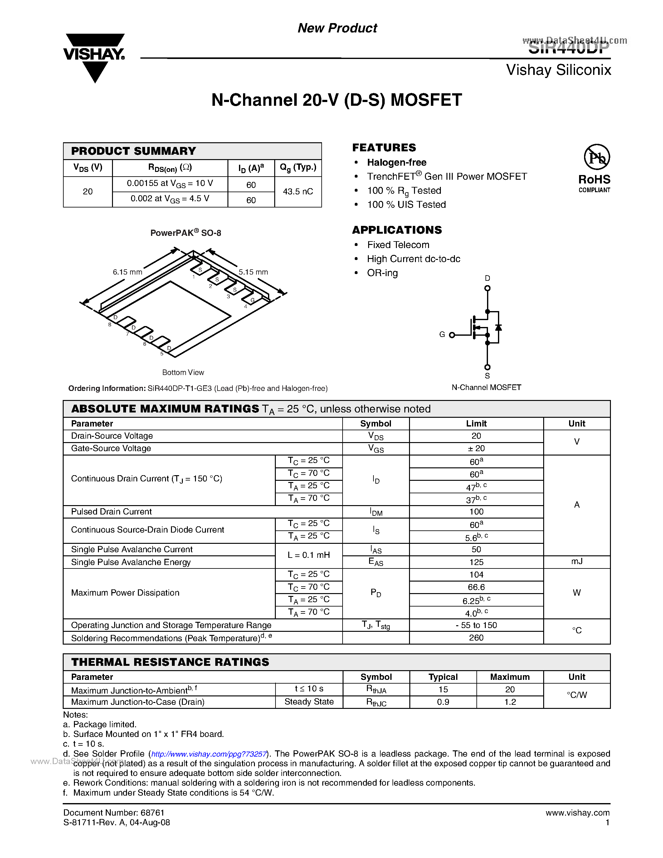 Datasheet SIR440DP - N-Channel MOSFET page 1