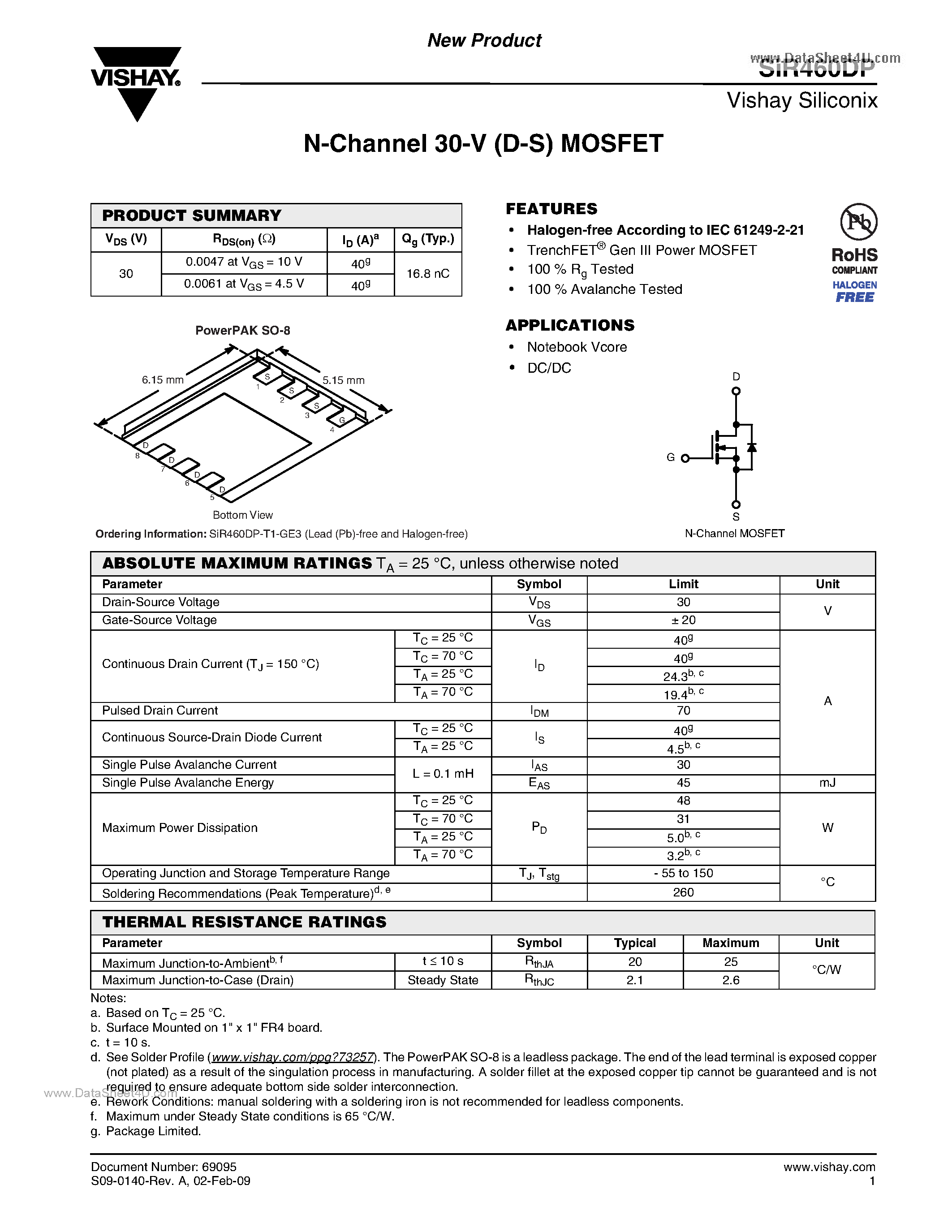 Datasheet SIR460DP - N-Channel MOSFET page 1