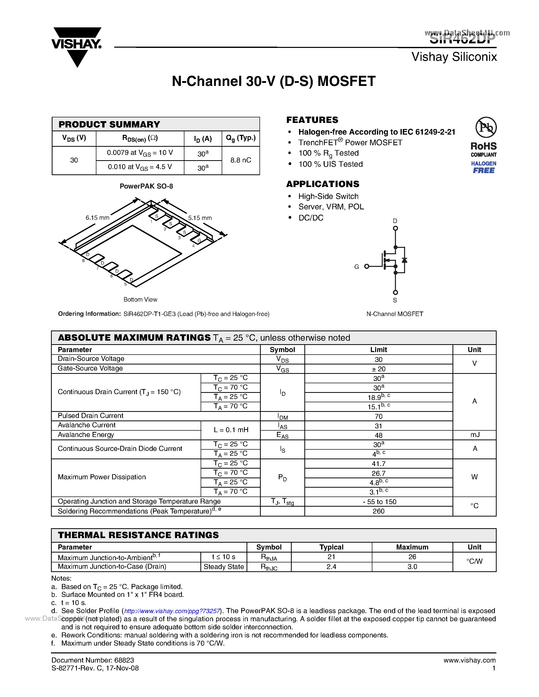 Datasheet SIR462DP - N-Channel MOSFET page 1