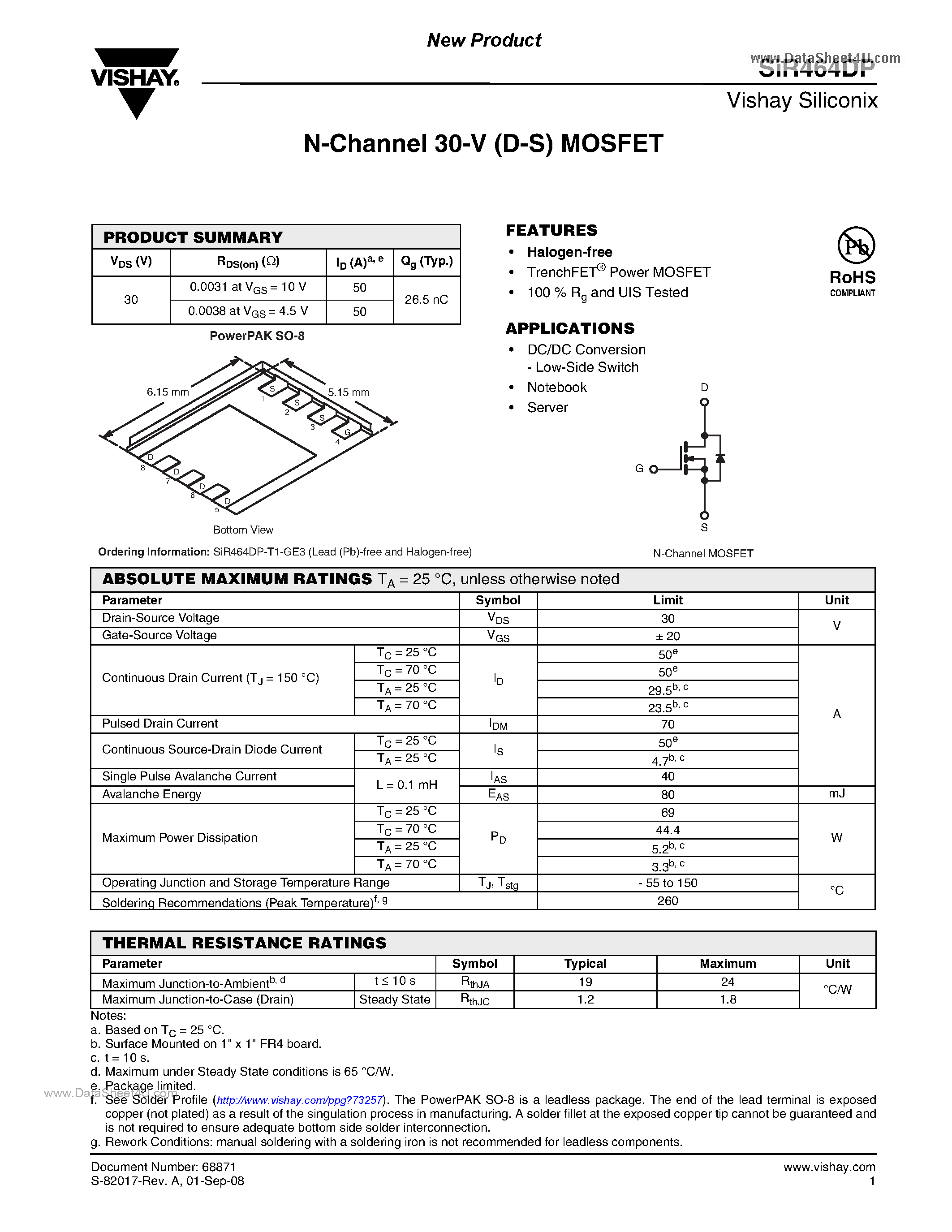 Datasheet SIR464DP page 1 Datasheet SIR464DP - N-Channel MOSFET page 1
