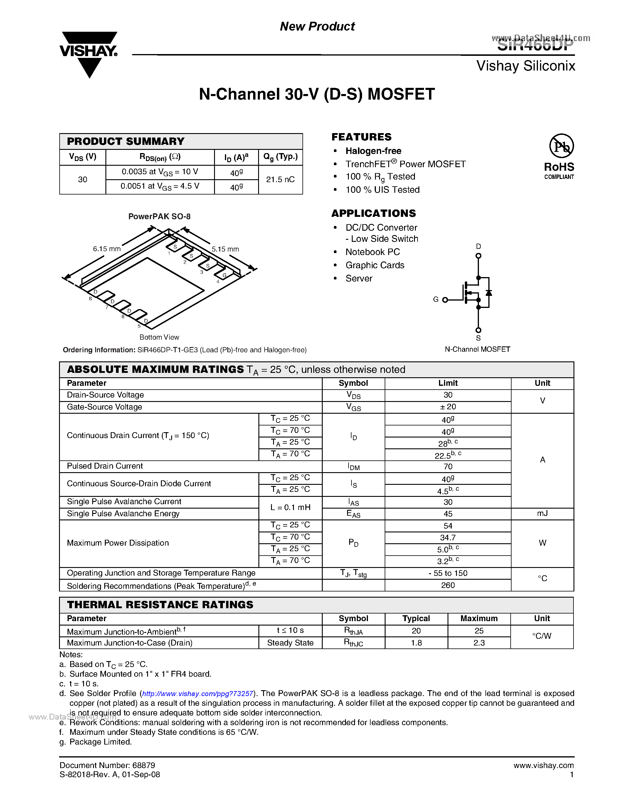 Datasheet SIR466DP - N-Channel MOSFET page 1