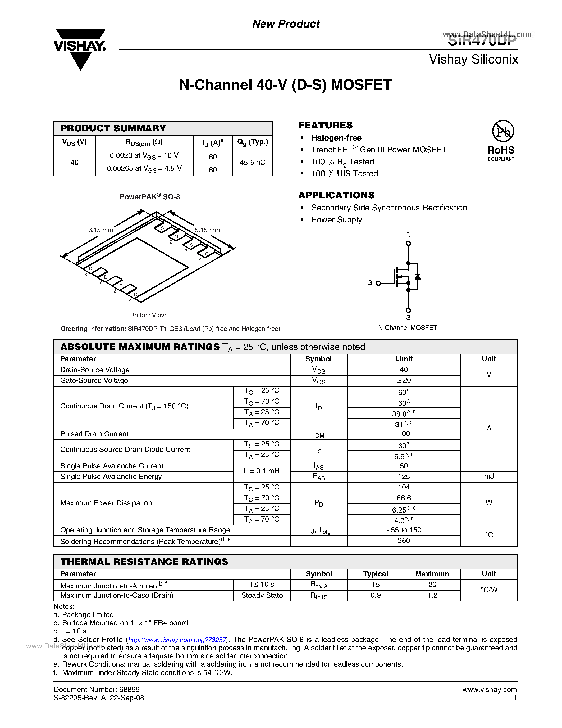 Datasheet SIR470DP page 1 Datasheet SIR470DP - N-Channel MOSFET page 1