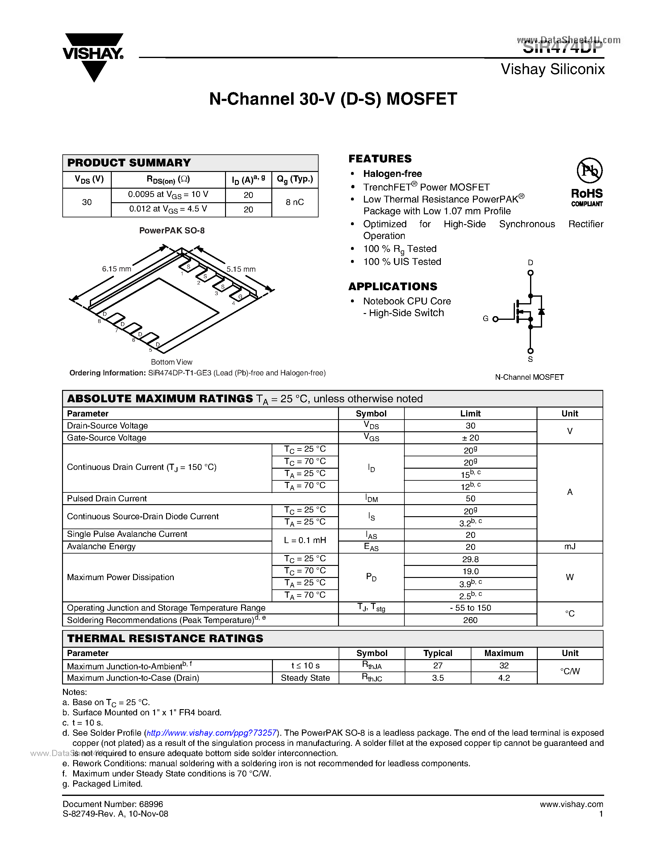 Datasheet SIR474DP page 1 Datasheet SIR474DP - N-Channel MOSFET page 1