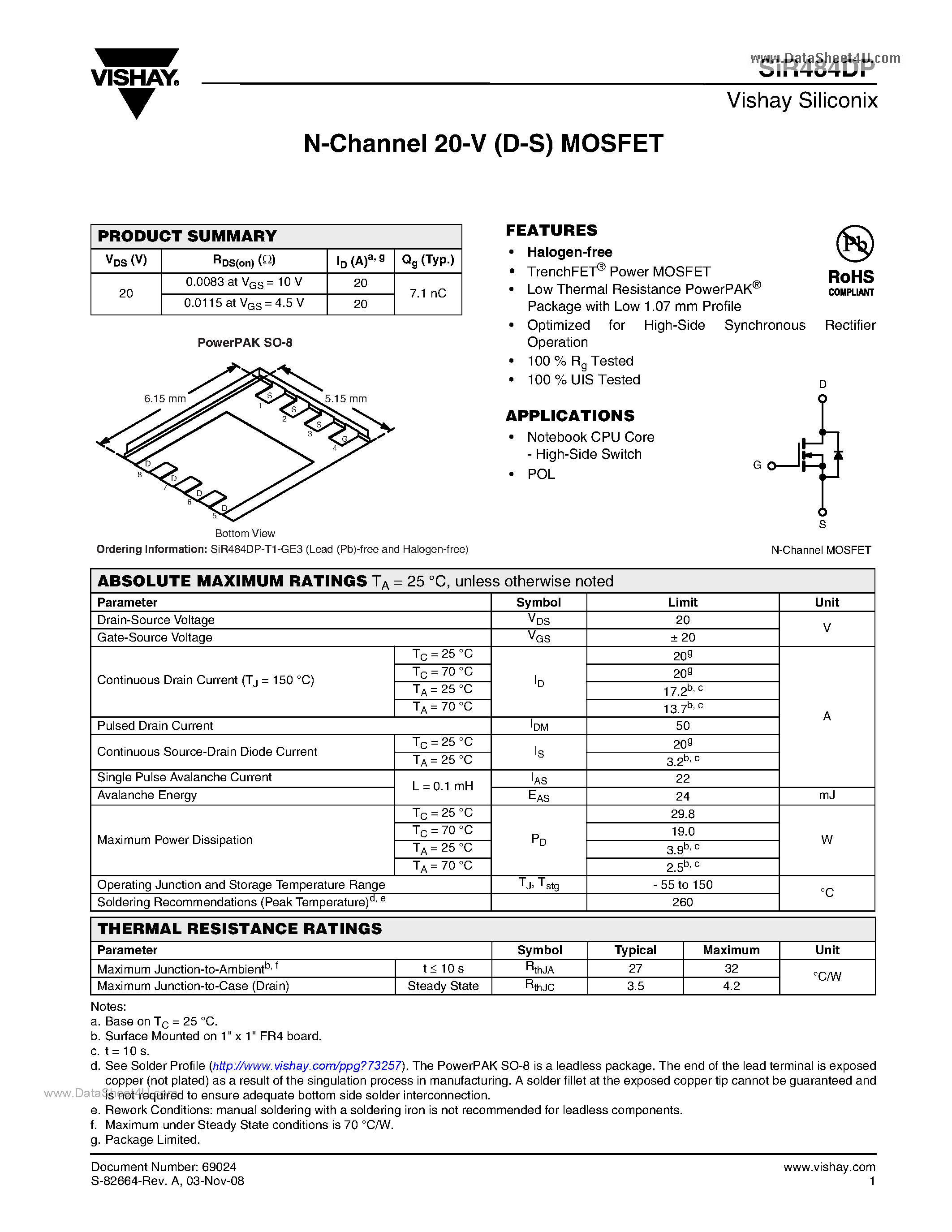 Datasheet SIR484DP page 1 Datasheet SIR484DP - N-Channel MOSFET page 1