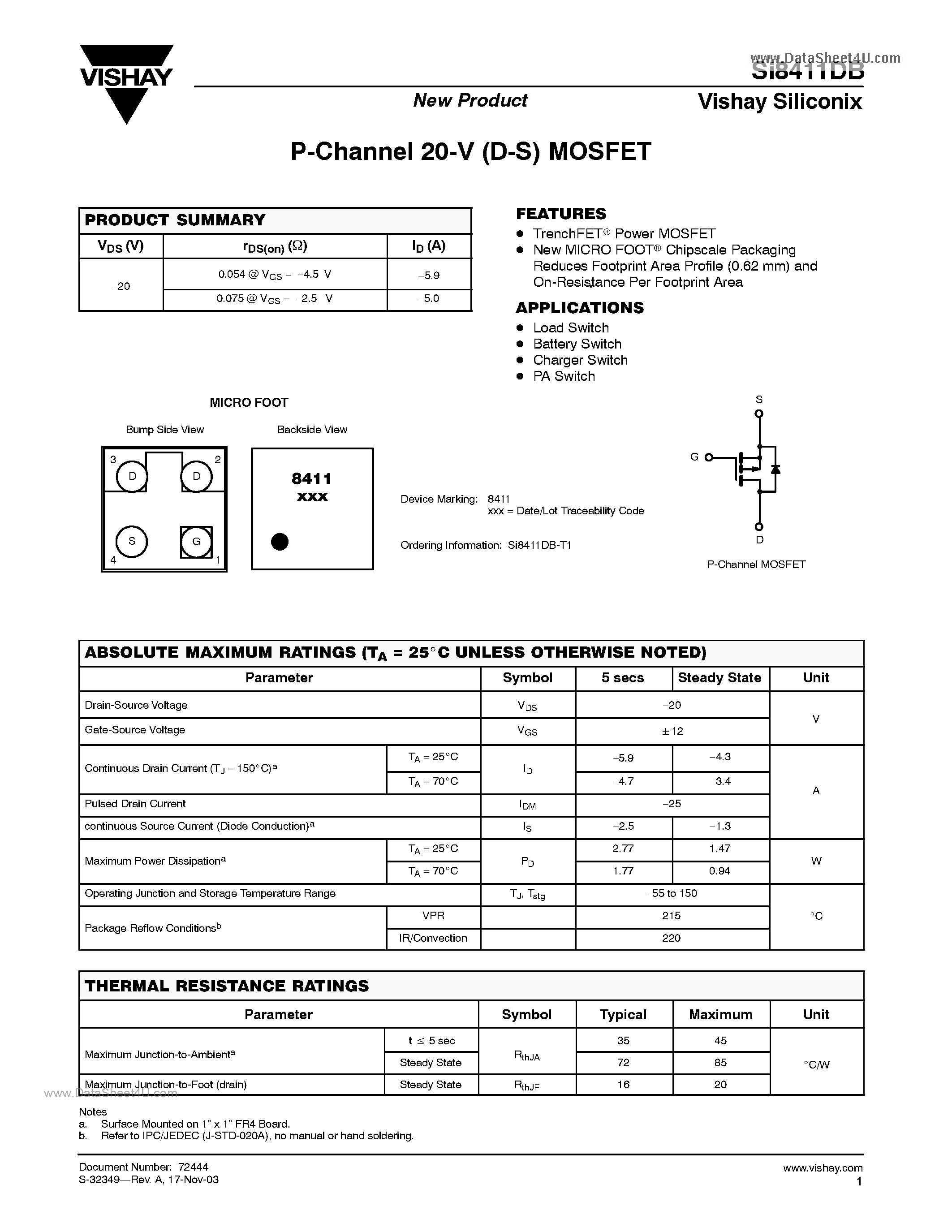 Даташит на микросхему SI8411DB страница 1 Даташит SI8411DB - P-Channel 20-V (D-S) MOSFET страница 1