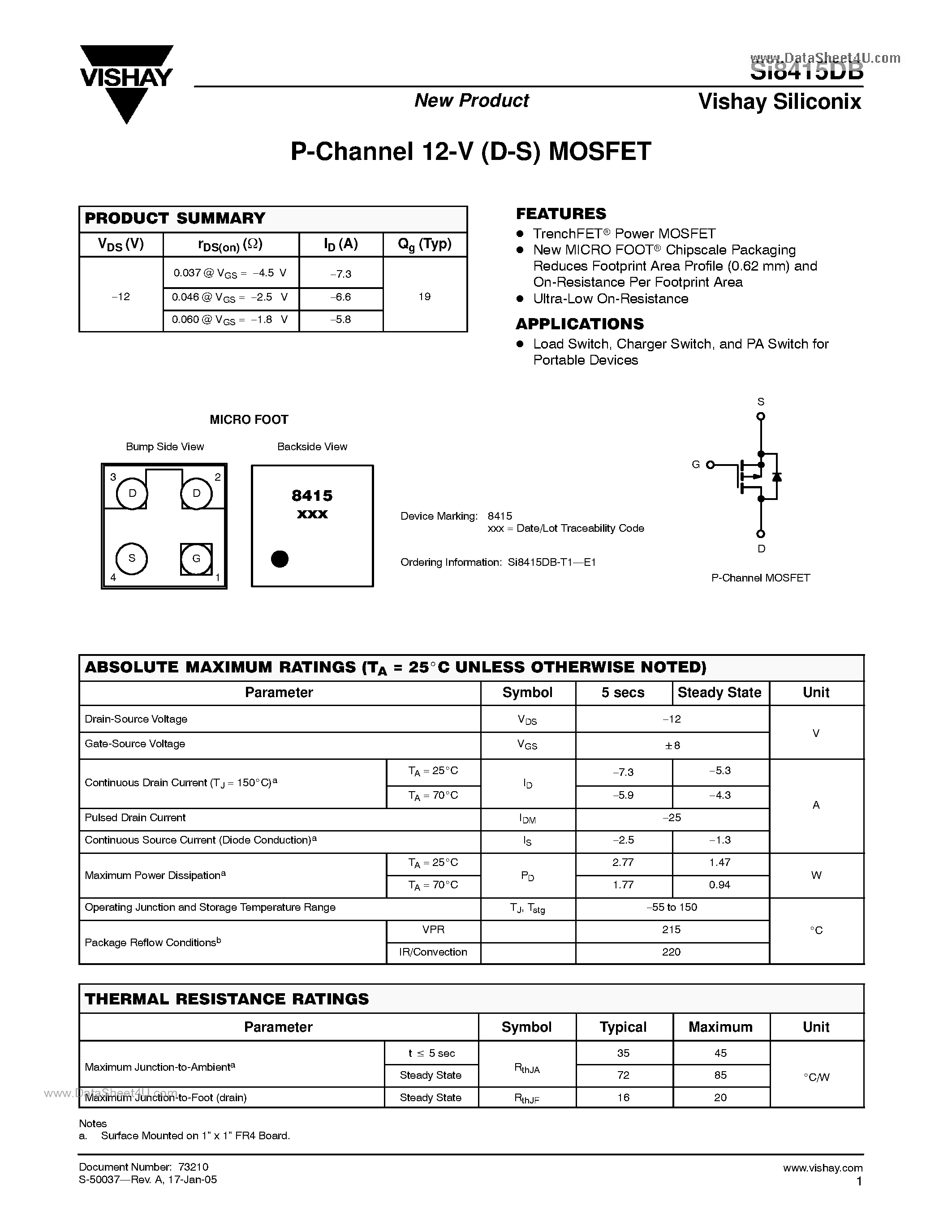 Даташит на микросхему SI8415DB страница 1 Даташит SI8415DB - P-Channel 12-V (D-S) MOSFET страница 1