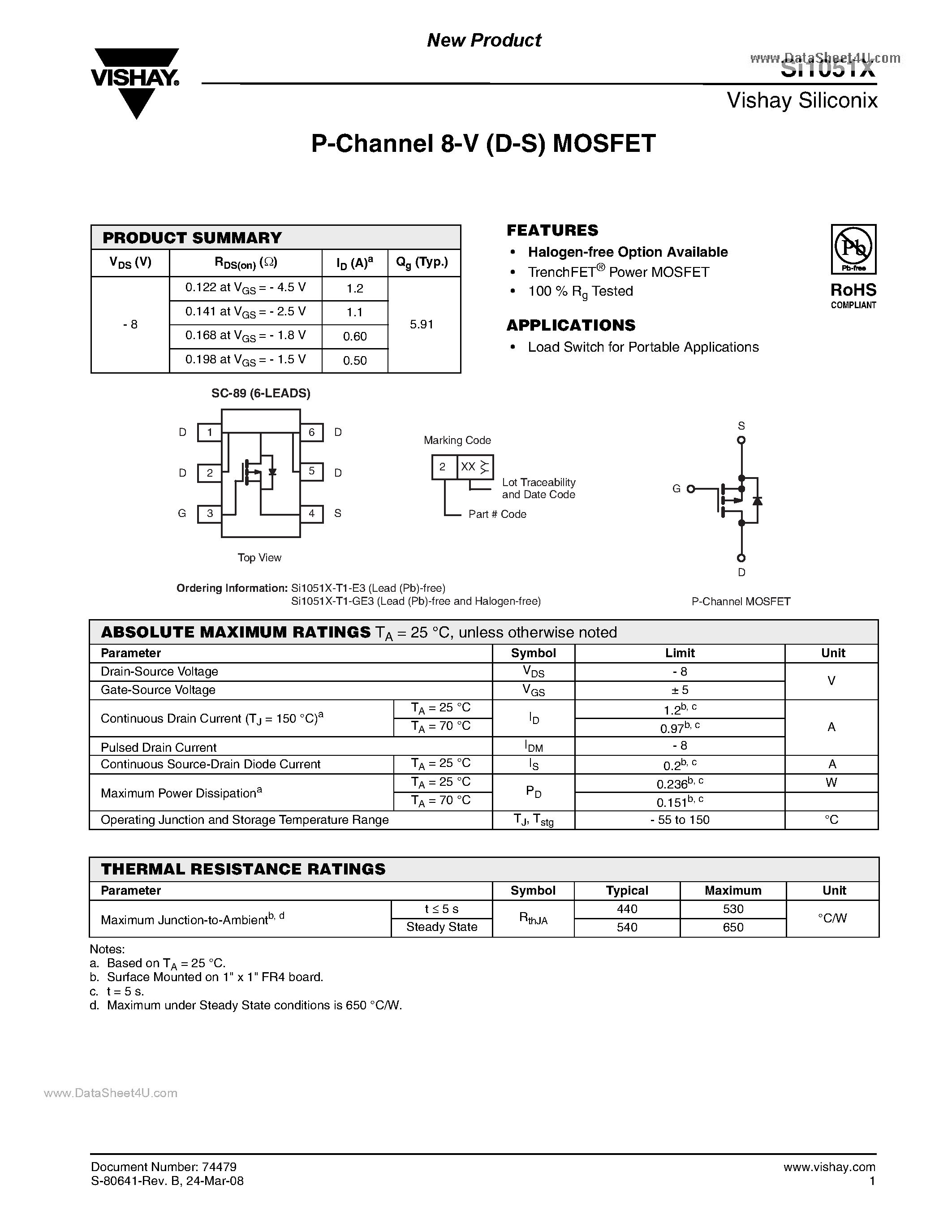 Datasheet SI1051X - P-Channel 8-V (D-S) MOSFET page 1