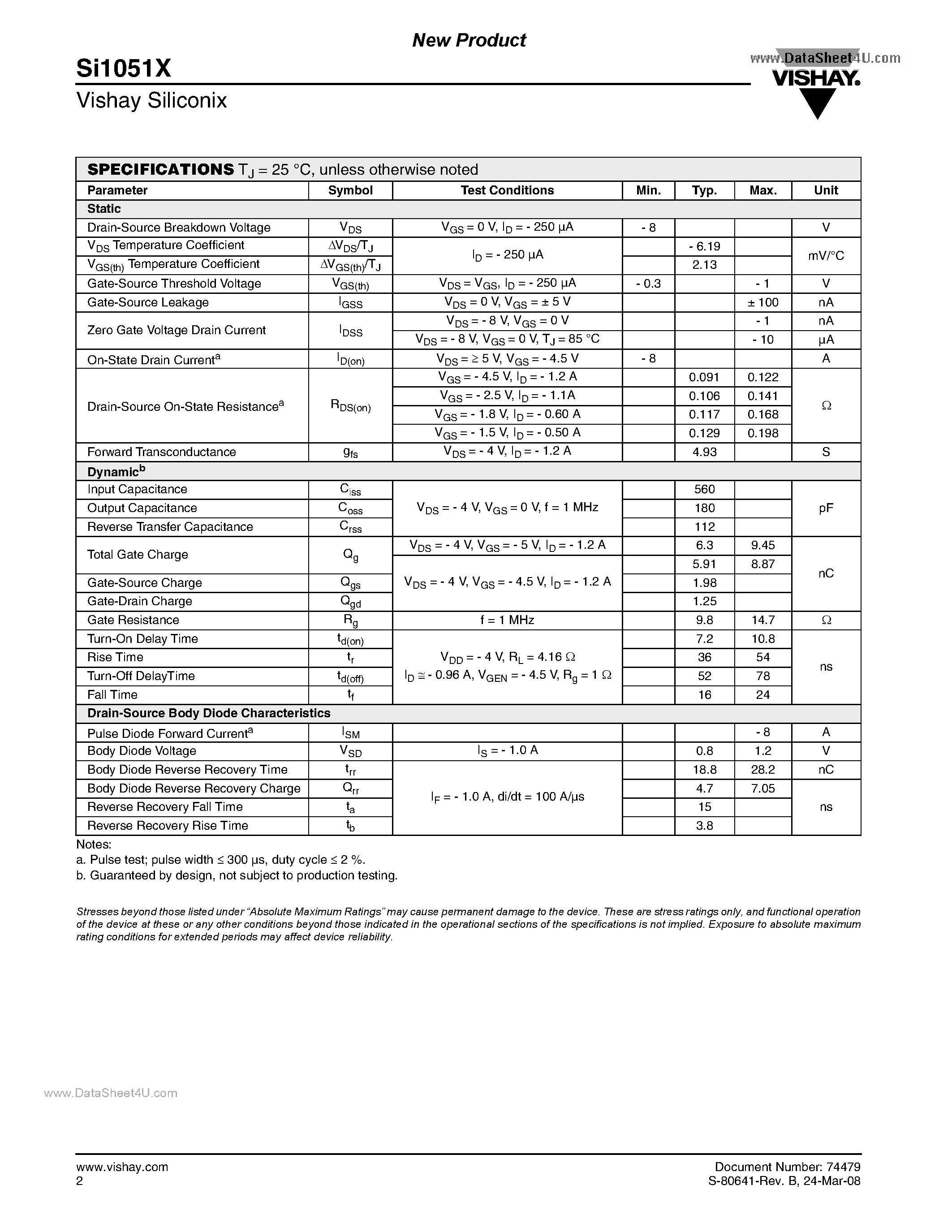 Даташит SI1051X - P-Channel 8-V (D-S) MOSFET страница 2