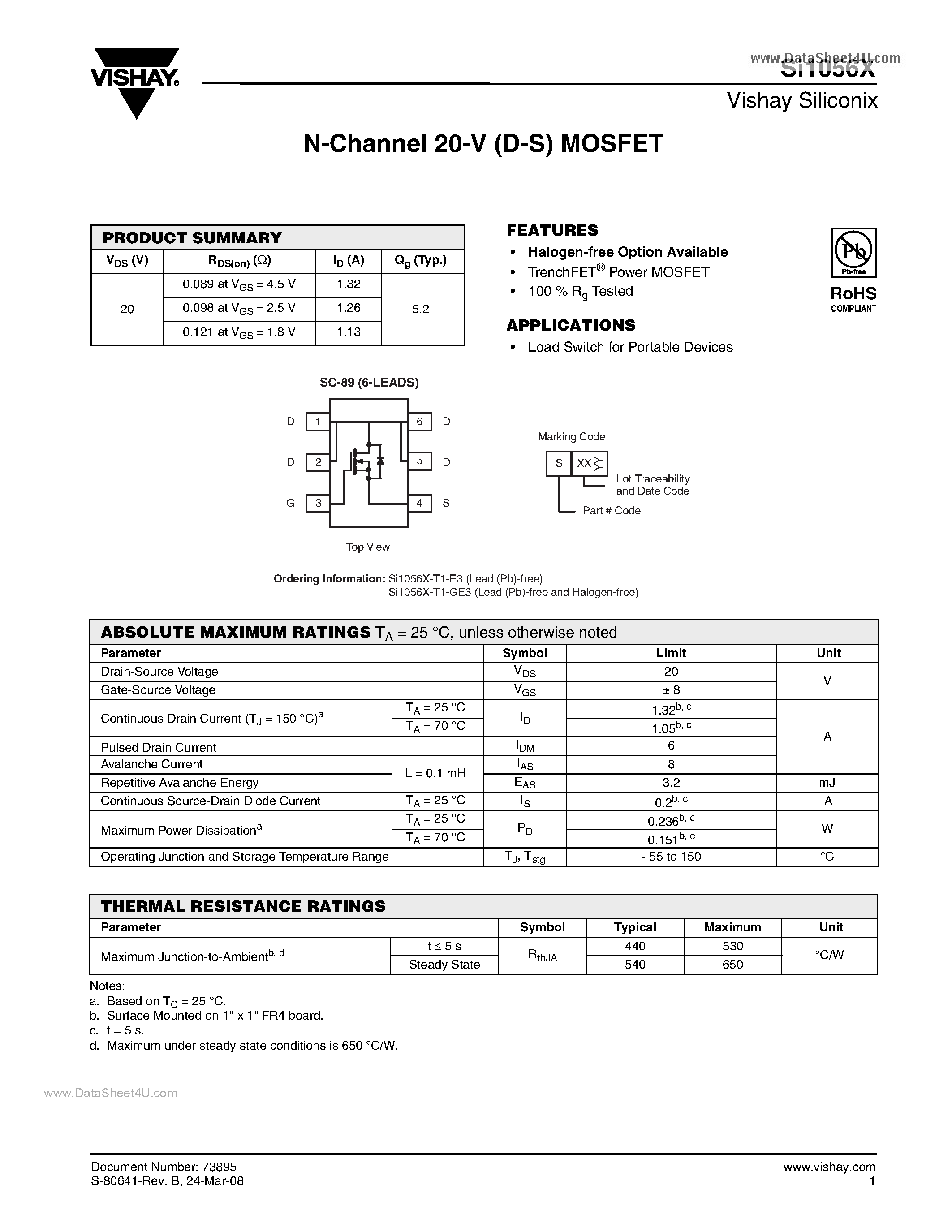 Datasheet SI1056X - N-Channel 20-V (D-S) MOSFET page 1