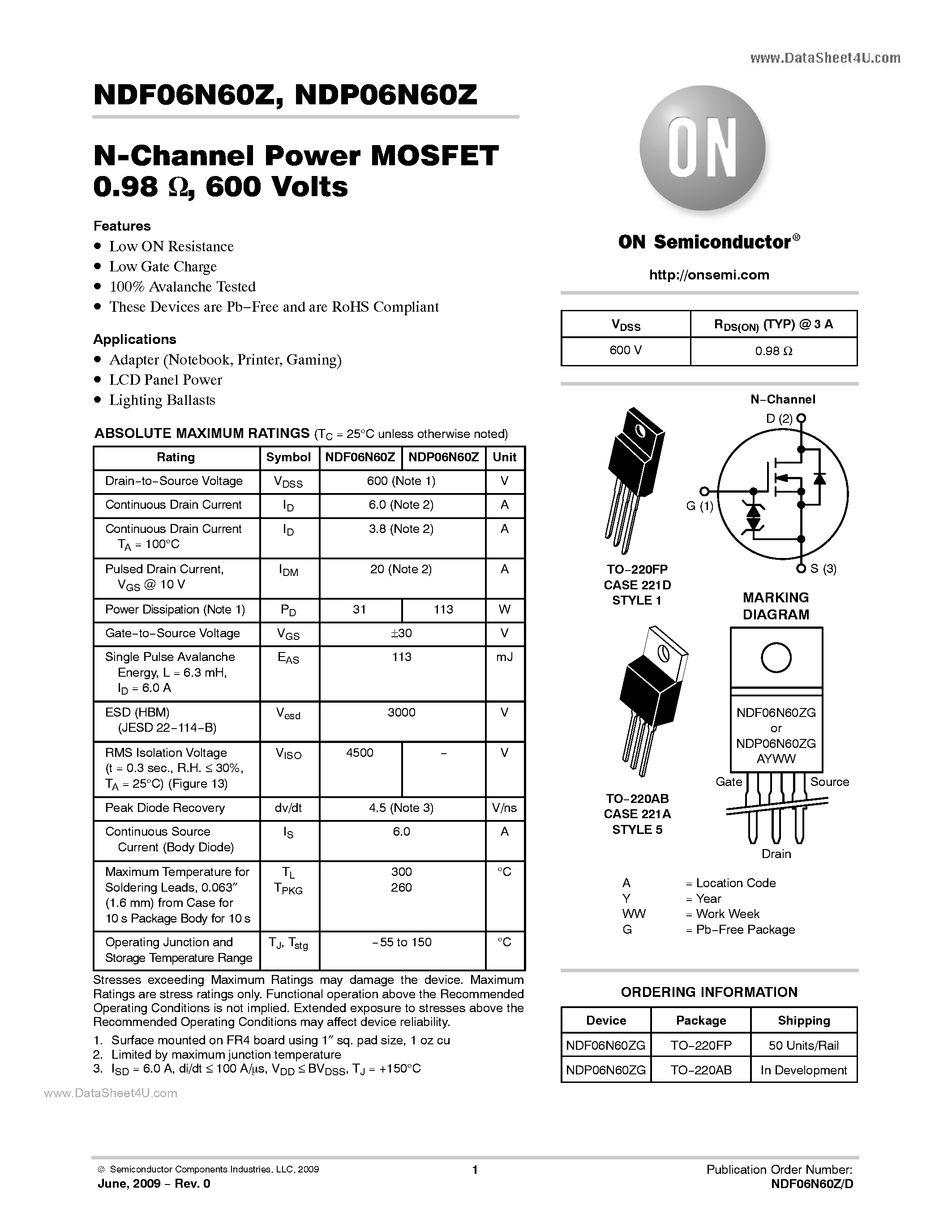 Datasheet NDF06N60Z page 1 Datasheet NDF06N60Z - Single N-Channel TO-220FP MOSFET page 1