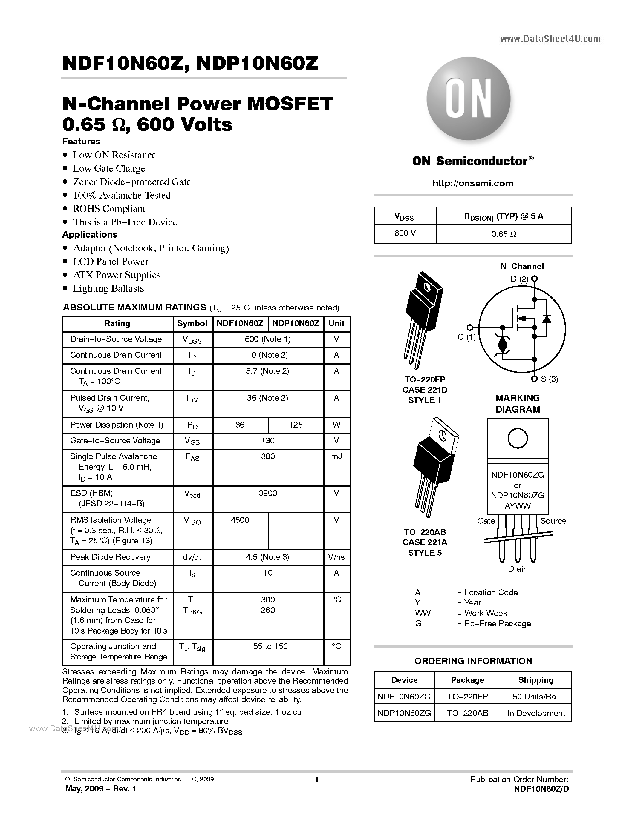 Datasheet NDP10N60Z page 1 Datasheet NDP10N60Z - N-Channel Power MOSFET page 1