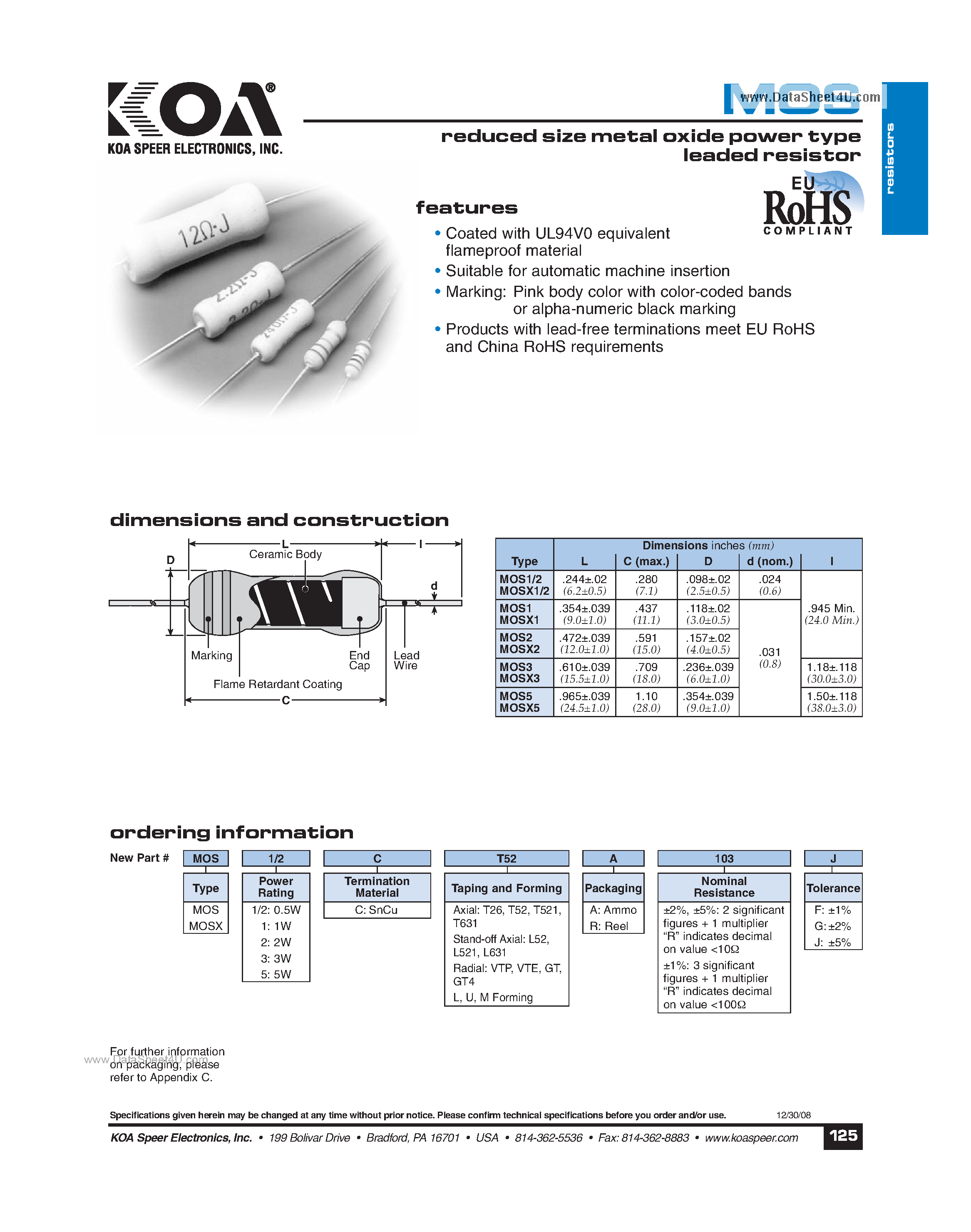 Datasheet MOS1 - reduced size metal oxide power type leaded resistor page 1