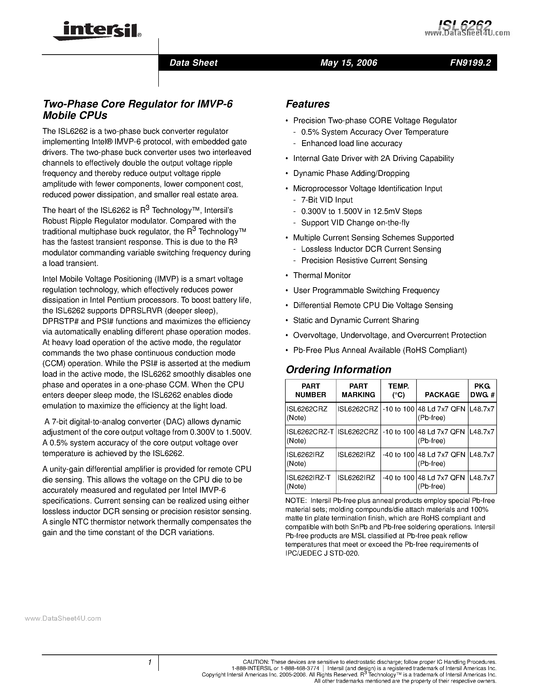 Datasheet ISL6262 page 1 Datasheet ISL6262 - Two-Phase Core Regulator page 1