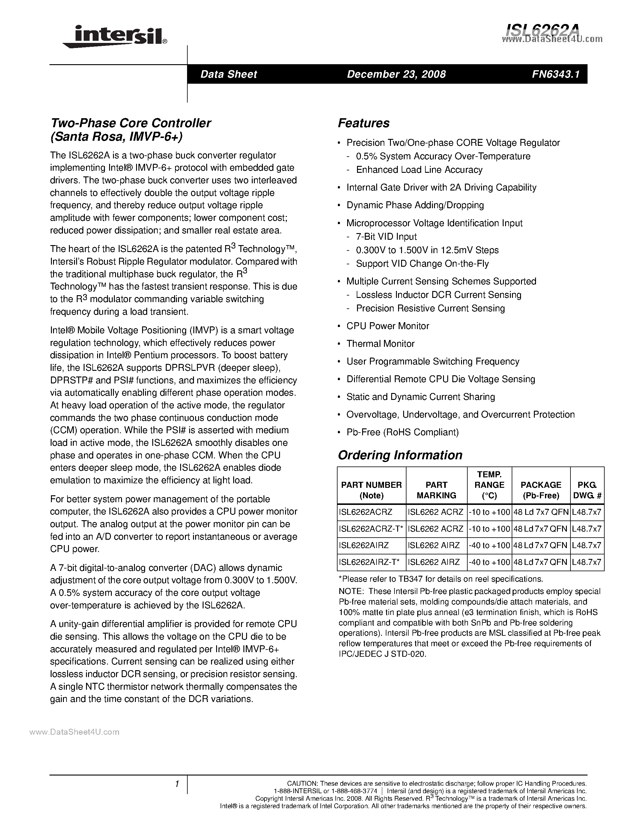 Datasheet ISL6262A page 1 Datasheet ISL6262A - 2-Phase Core Controller page 1